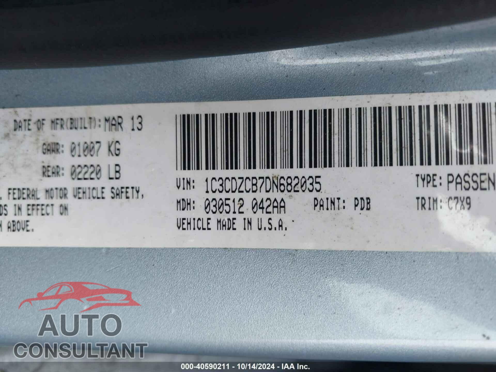DODGE AVENGER 2013 - 1C3CDZCB7DN682035