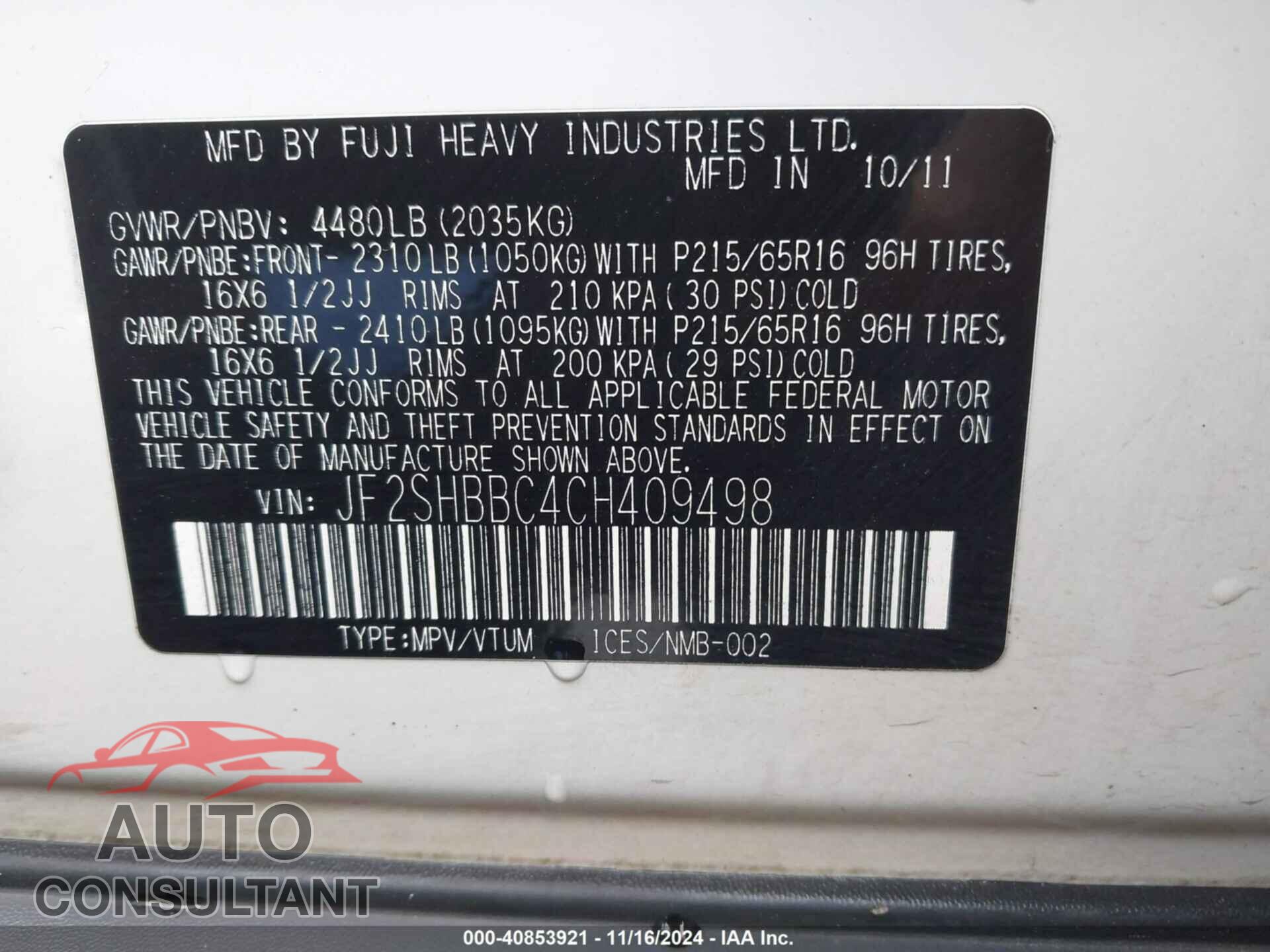 SUBARU FORESTER 2012 - JF2SHBBC4CH409498