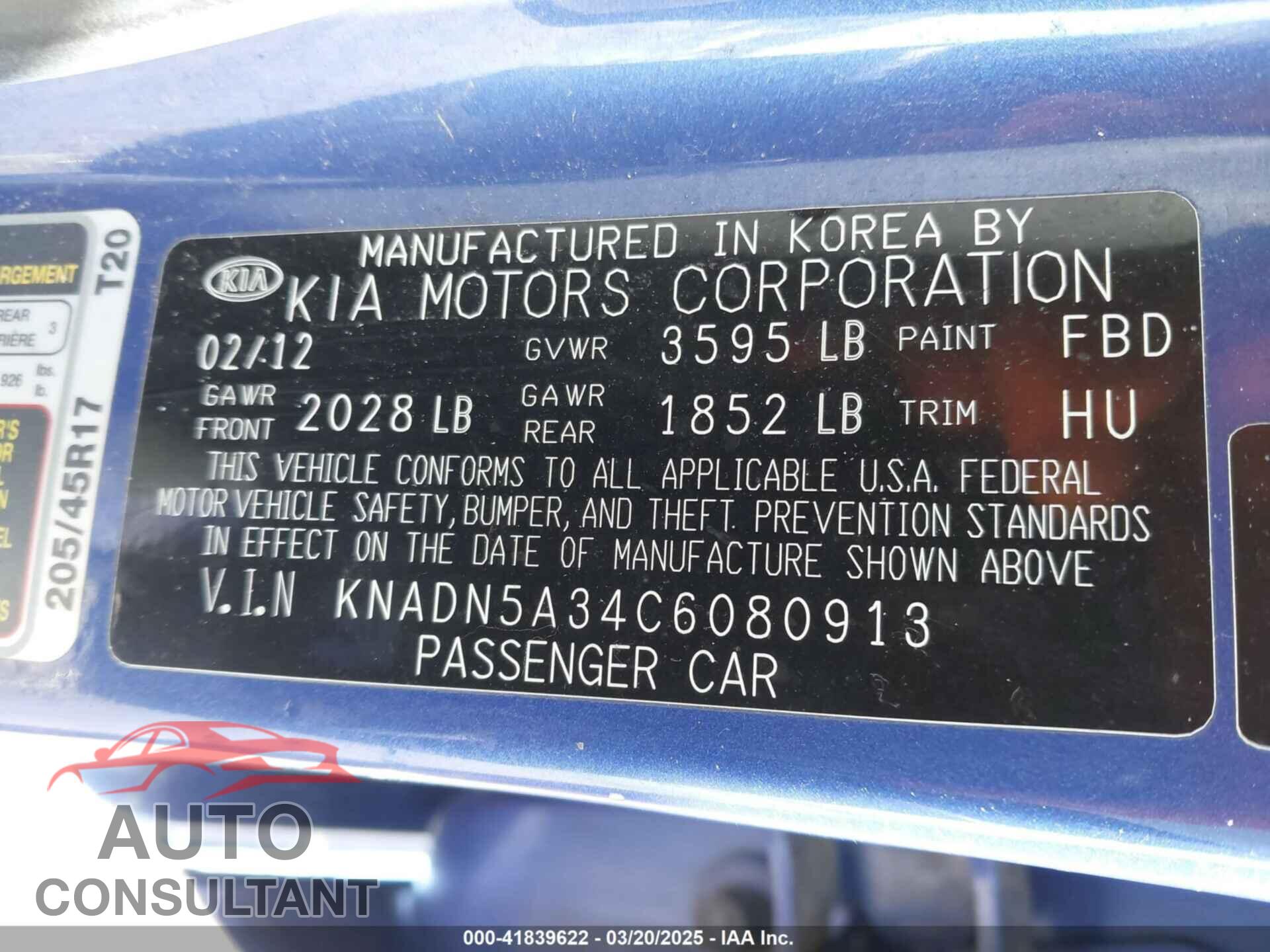 KIA RIO5 2012 - KNADN5A34C6080913