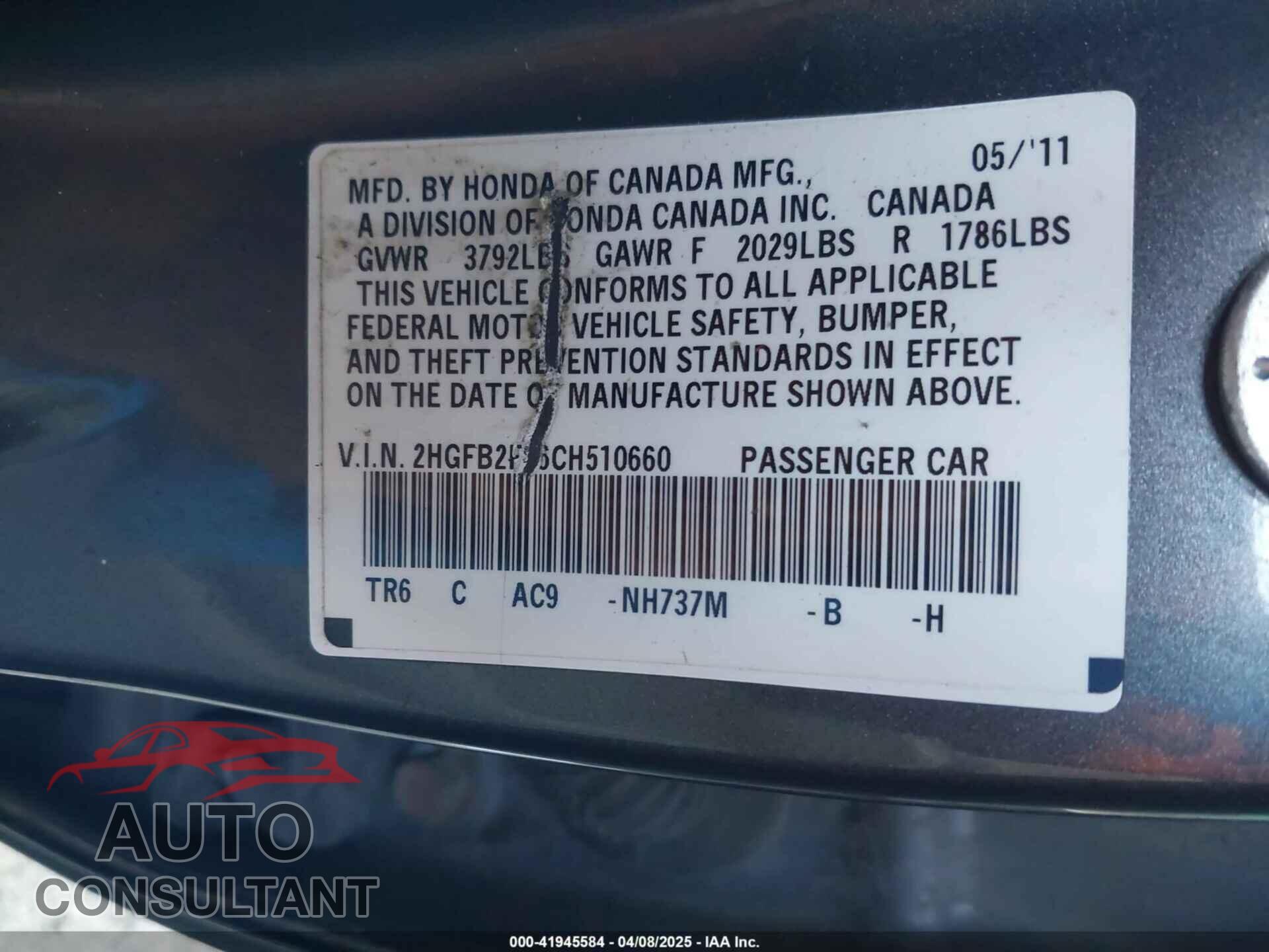 HONDA CIVIC 2012 - 2HGFB2F86CH510660