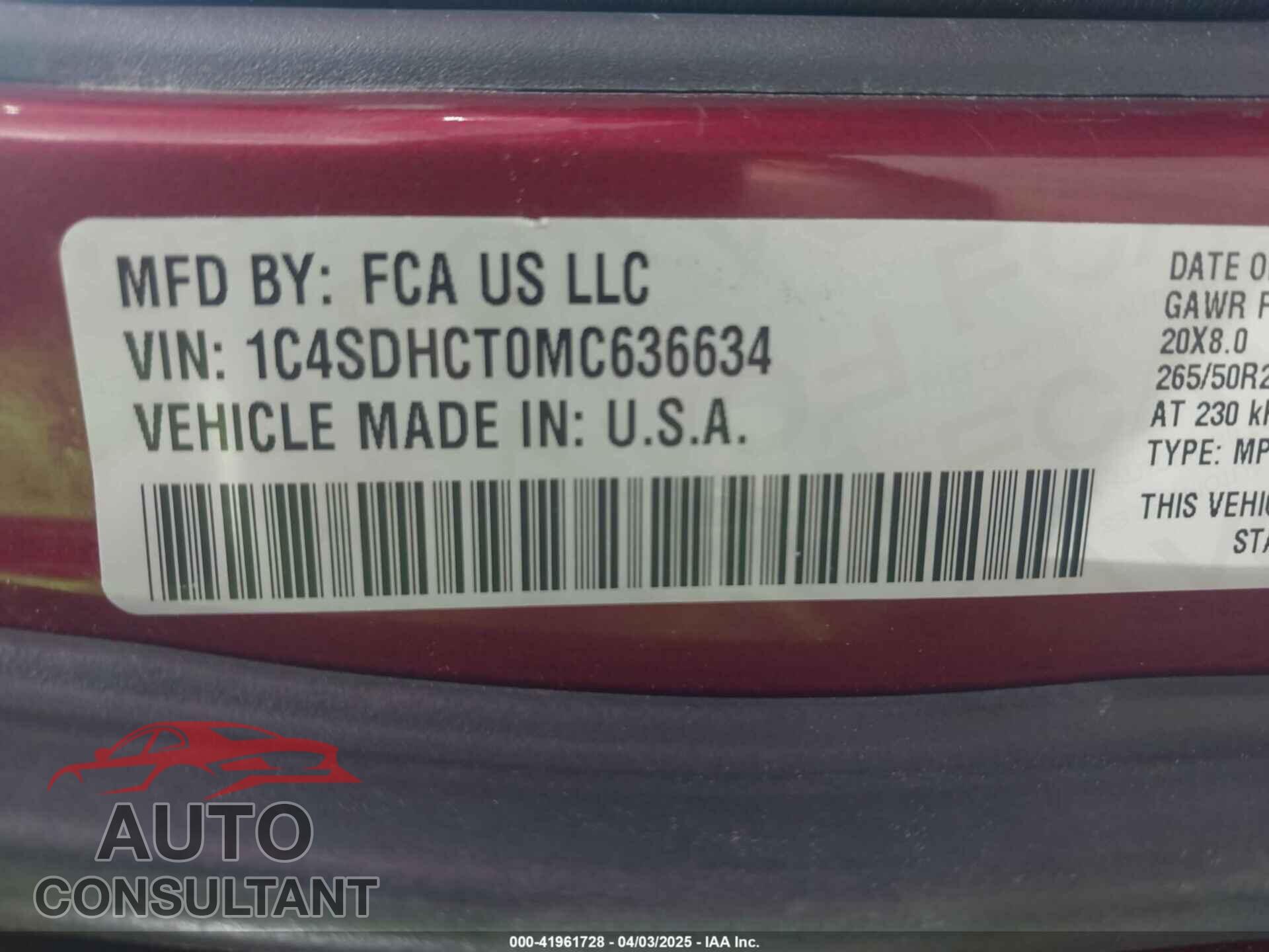 DODGE DURANGO 2021 - 1C4SDHCT0MC636634
