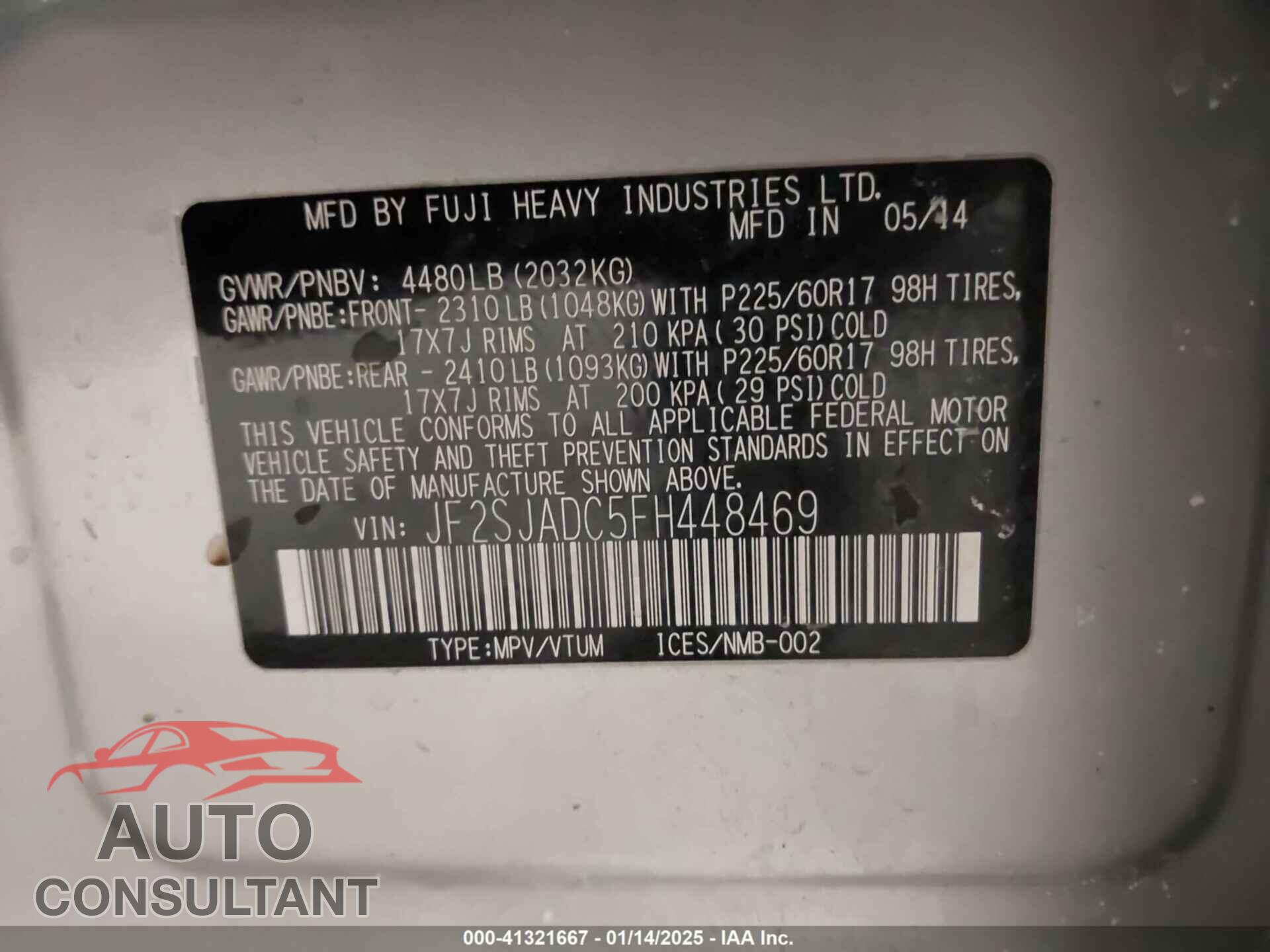 SUBARU FORESTER 2015 - JF2SJADC5FH448469