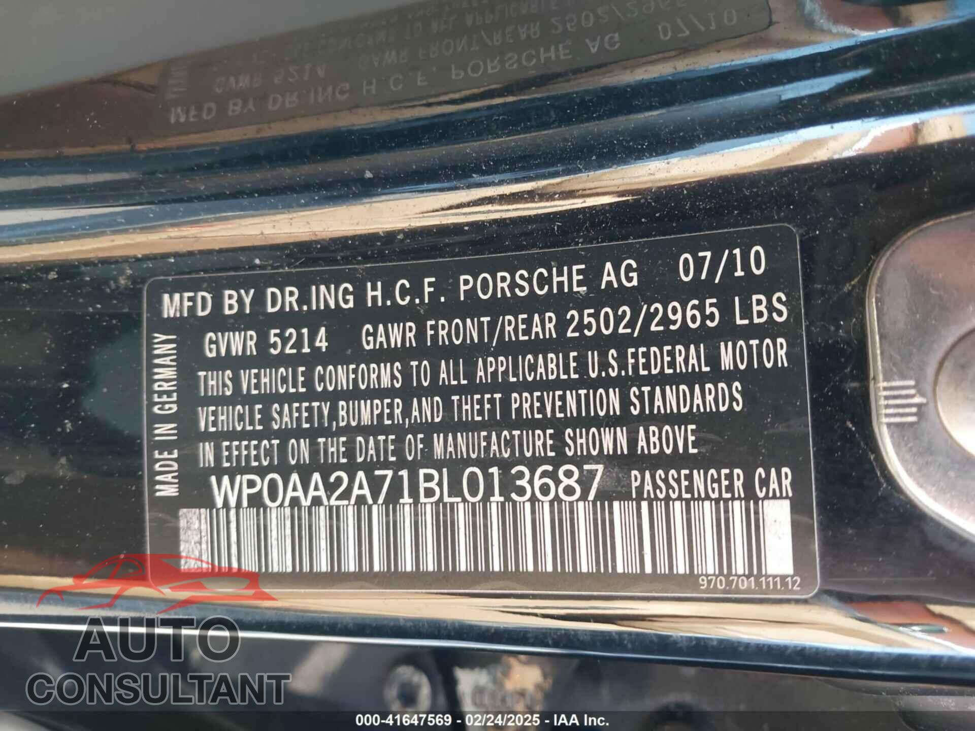 PORSCHE PANAMERA 2011 - WP0AA2A71BL013687