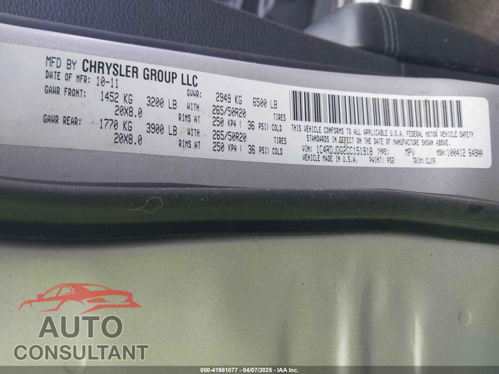 DODGE DURANGO 2012 - 1C4RDJDG2CC151918
