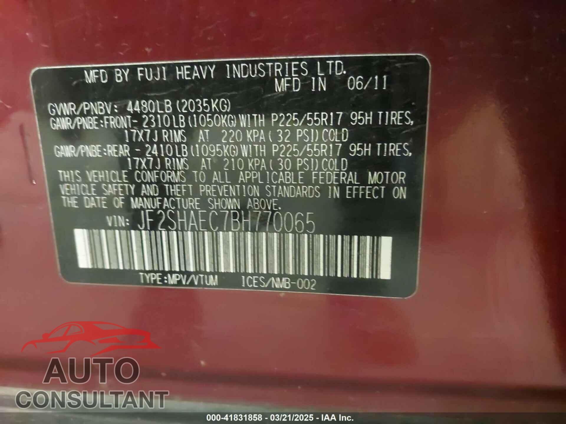 SUBARU FORESTER 2011 - JF2SHAEC7BH770065