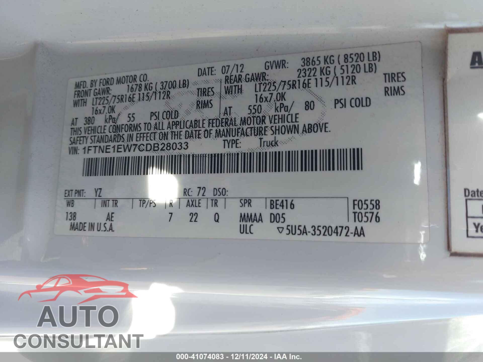 FORD E-150 2012 - 1FTNE1EW7CDB28033