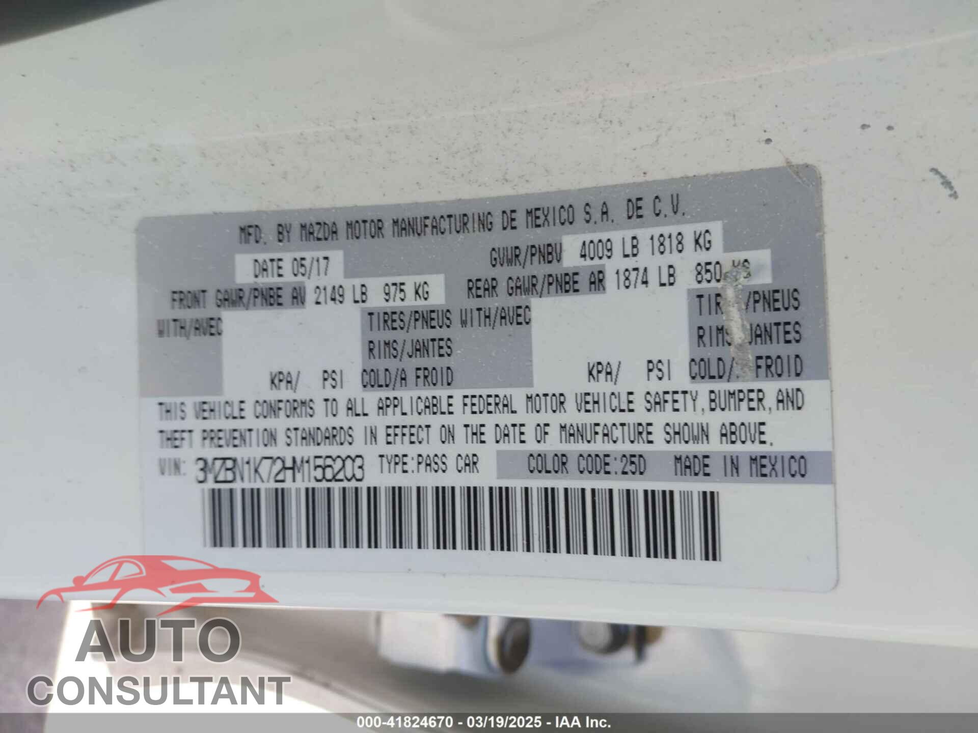 MAZDA MAZDA3 2017 - 3MZBN1K72HM156203