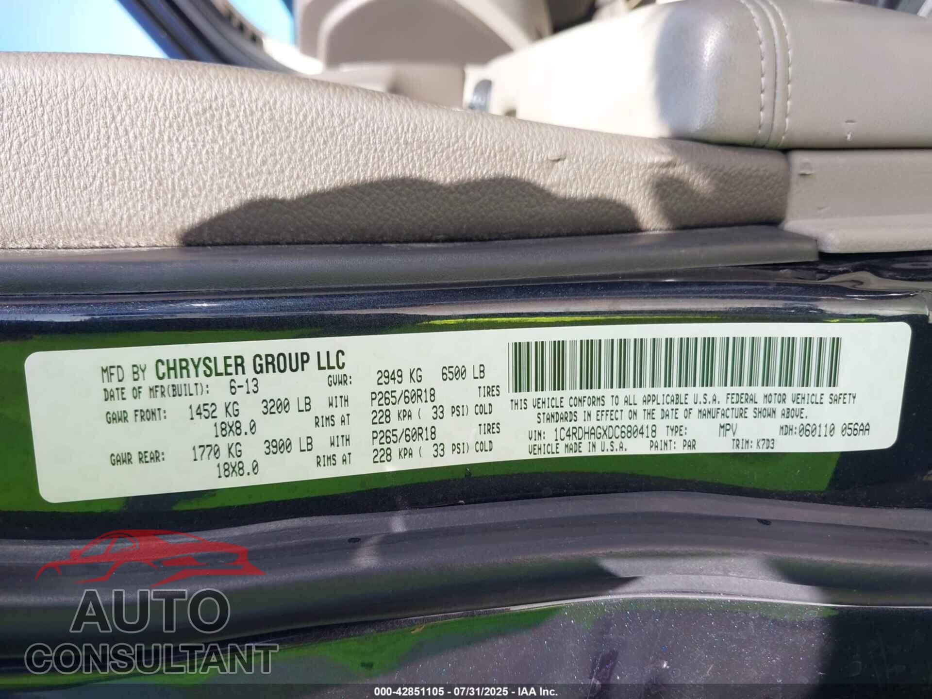 DODGE DURANGO 2013 - 1C4RDHAGXDC680418