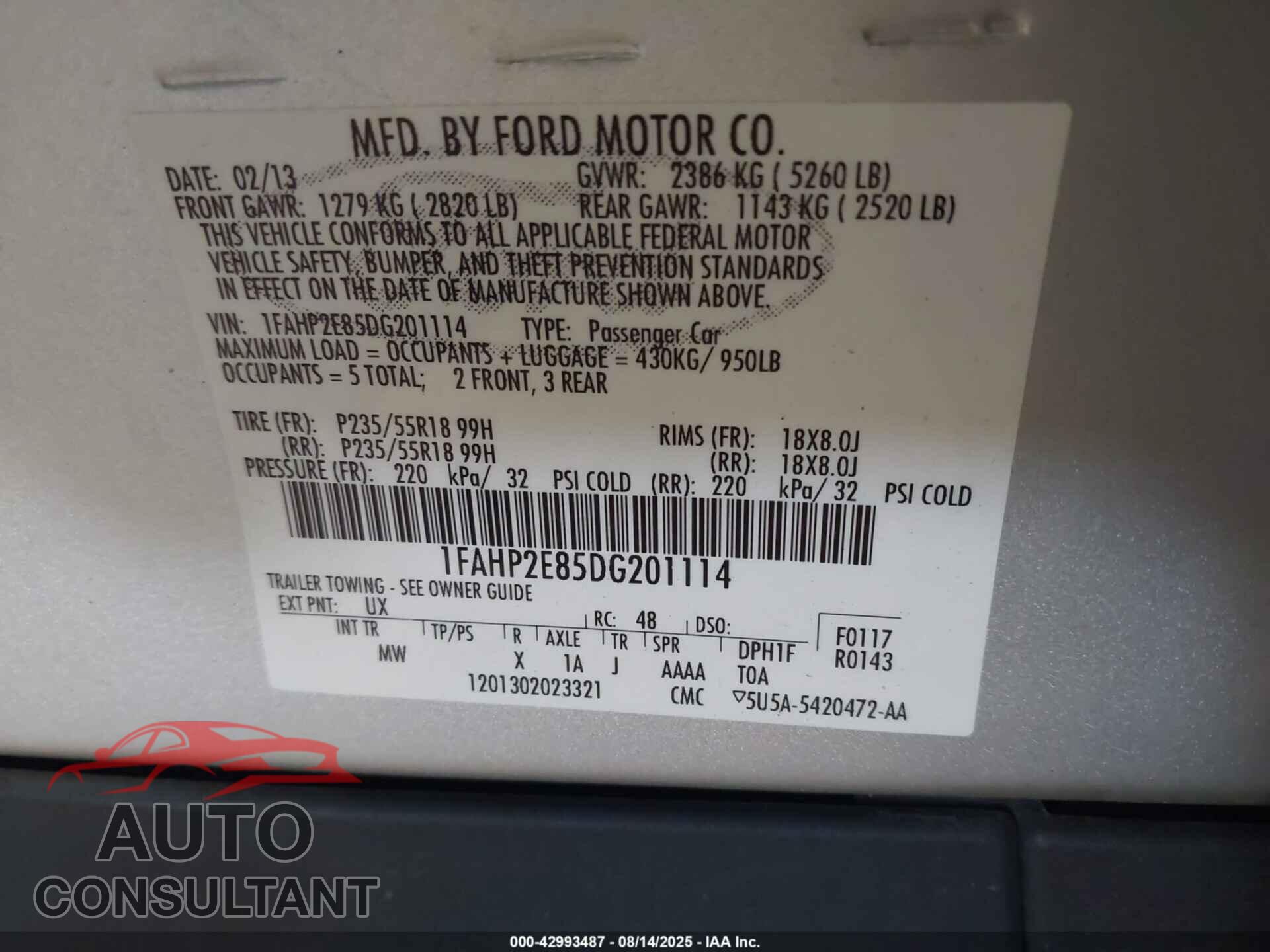 FORD TAURUS 2013 - 1FAHP2E85DG201114