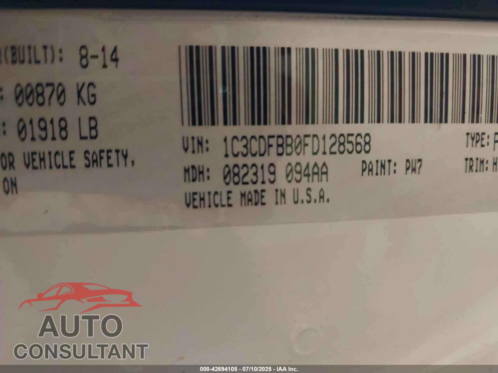 DODGE DART 2015 - 1C3CDFBB0FD128568