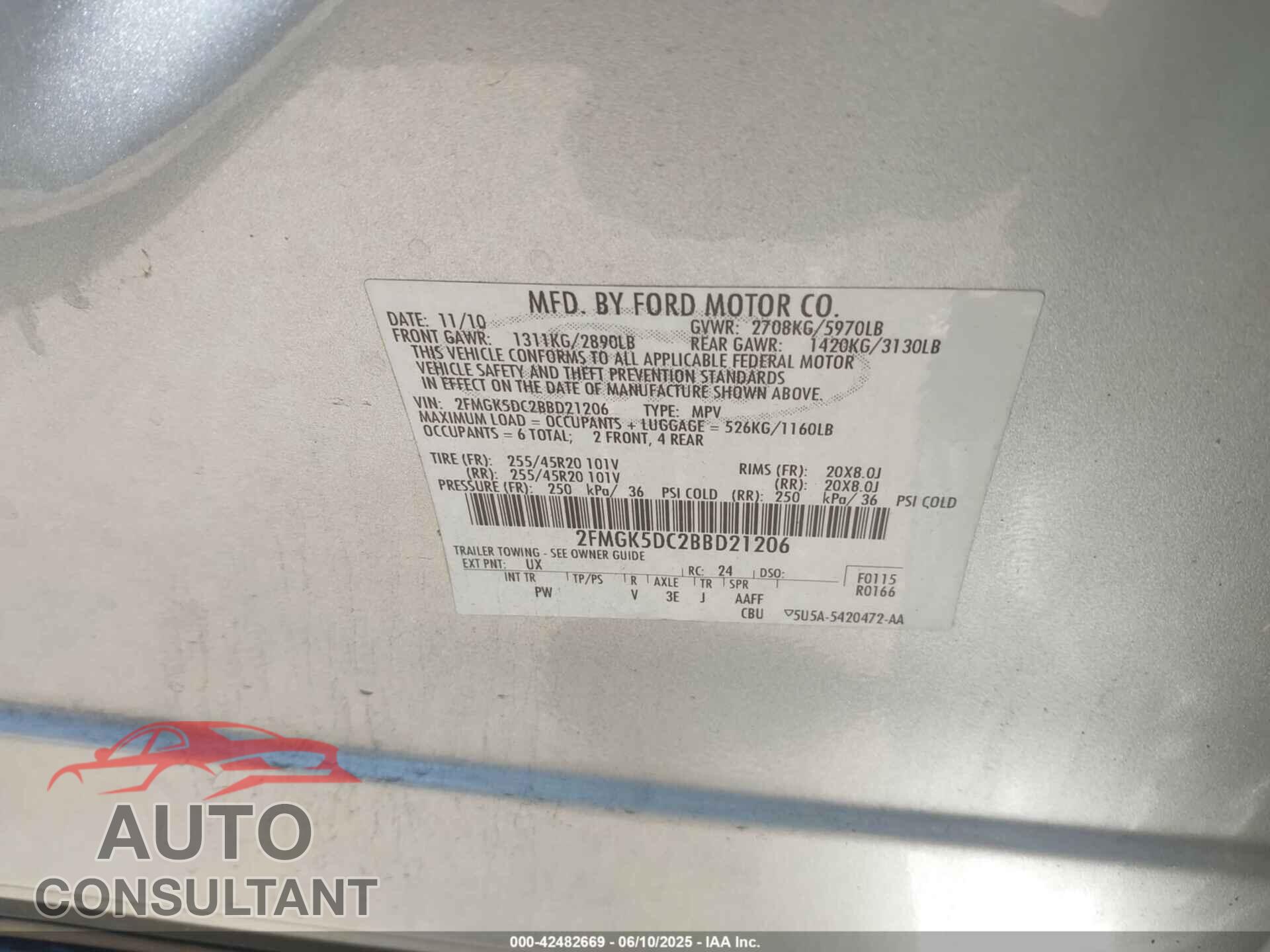 FORD FLEX 2011 - 2FMGK5DC2BBD21206
