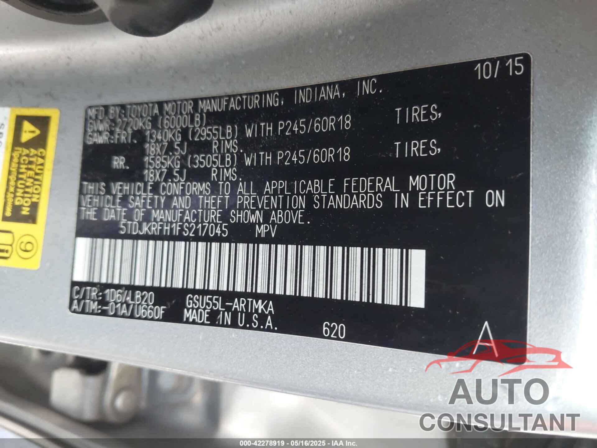 TOYOTA HIGHLANDER 2015 - 5TDJKRFH1FS217045