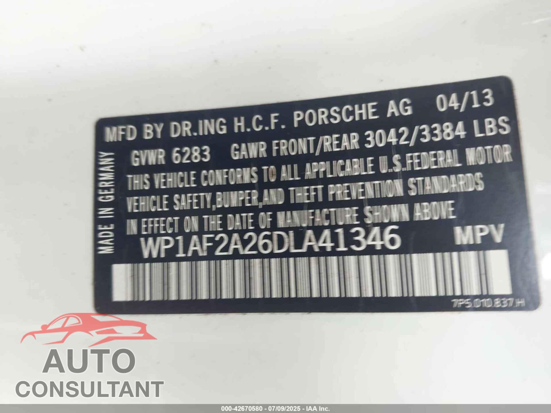 PORSCHE CAYENNE 2013 - WP1AF2A26DLA41346