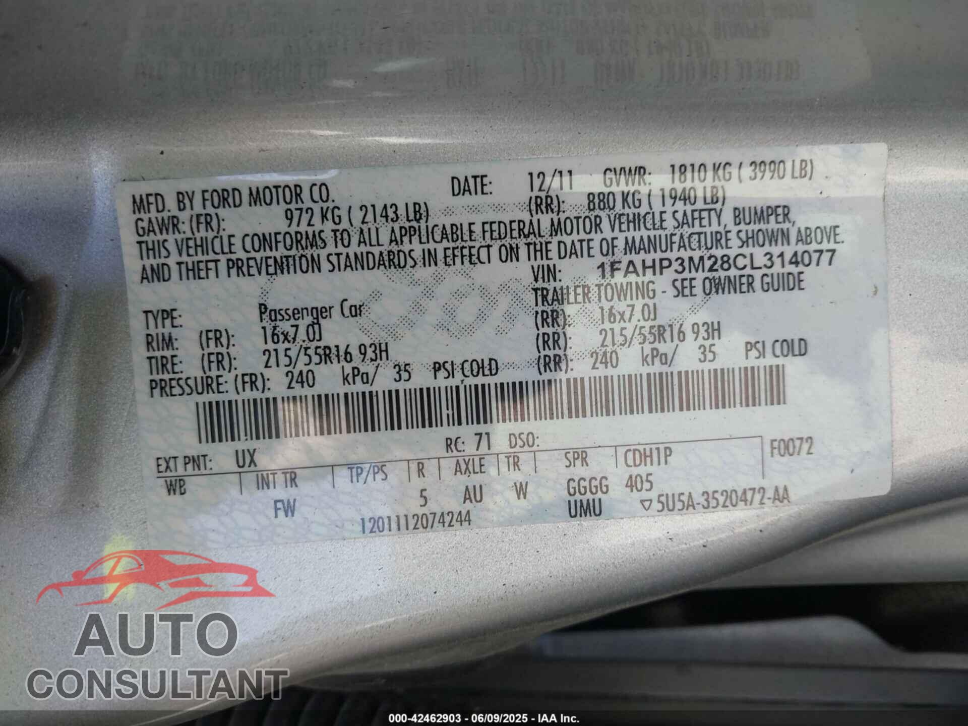 FORD FOCUS 2012 - 1FAHP3M28CL314077