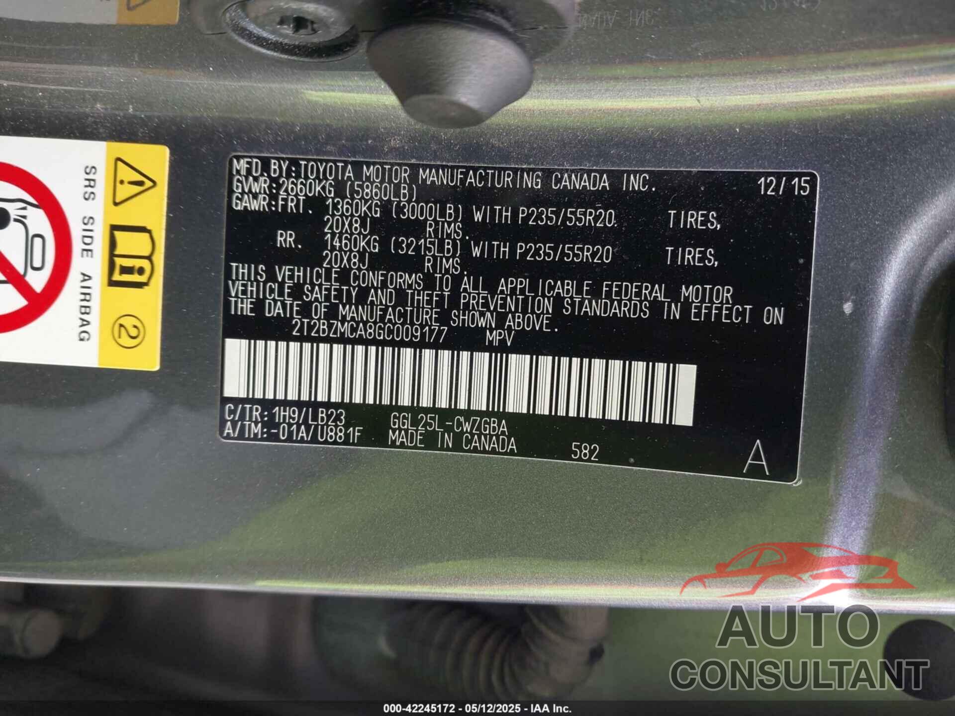 LEXUS RX 350 2016 - 2T2BZMCA8GC009177