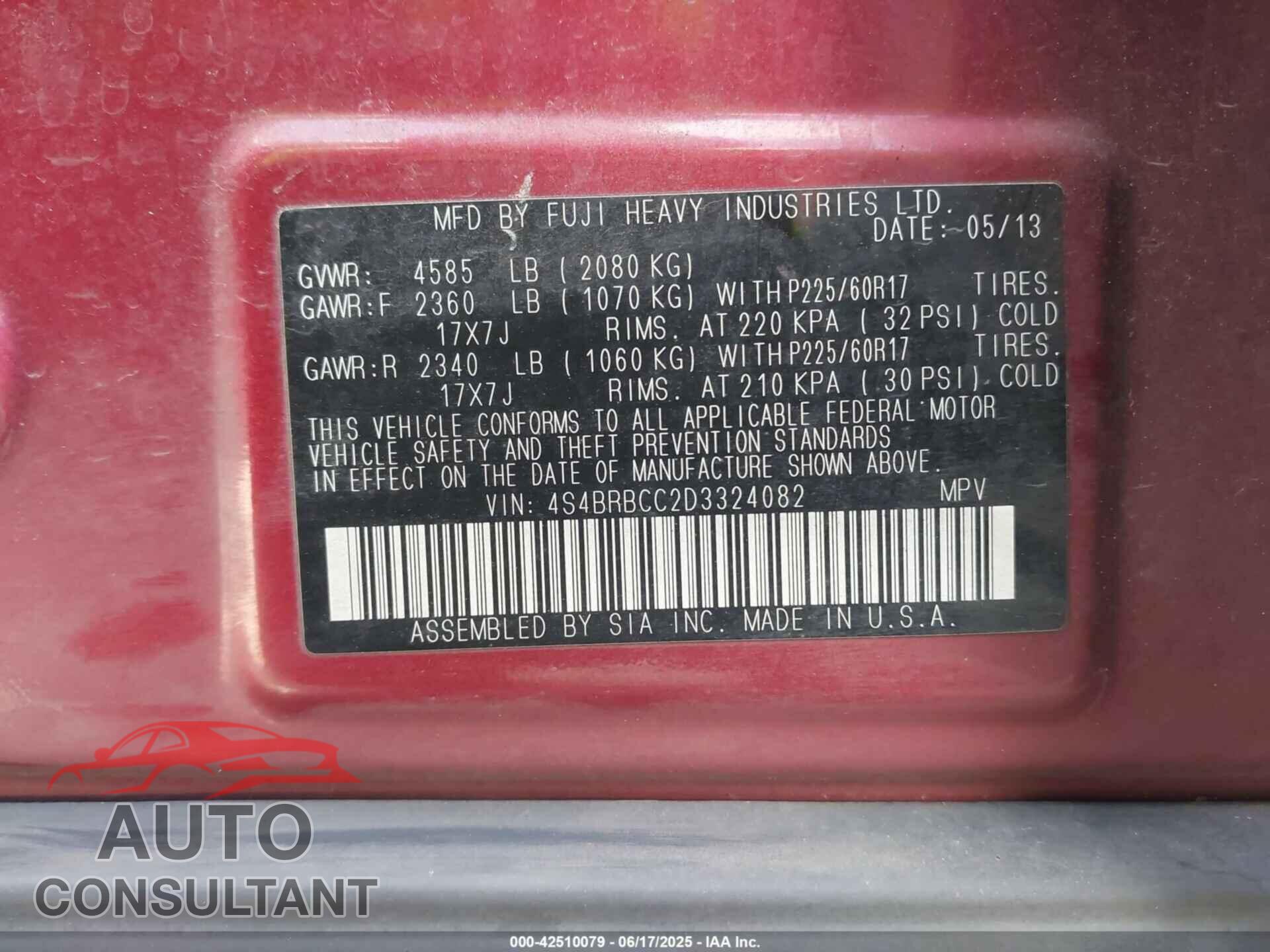 SUBARU OUTBACK 2013 - 4S4BRBCC2D3324082