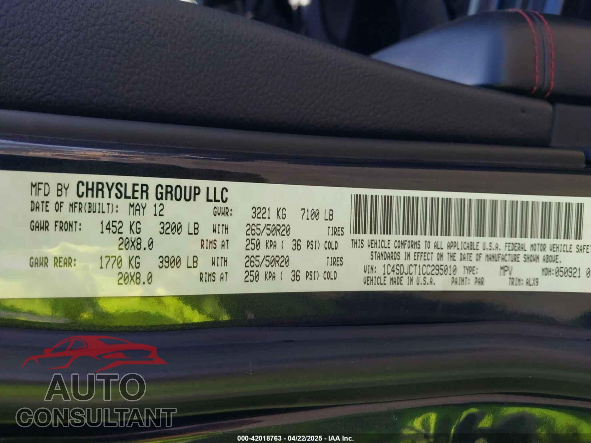 DODGE DURANGO 2012 - 1C4SDJCT1CC295010
