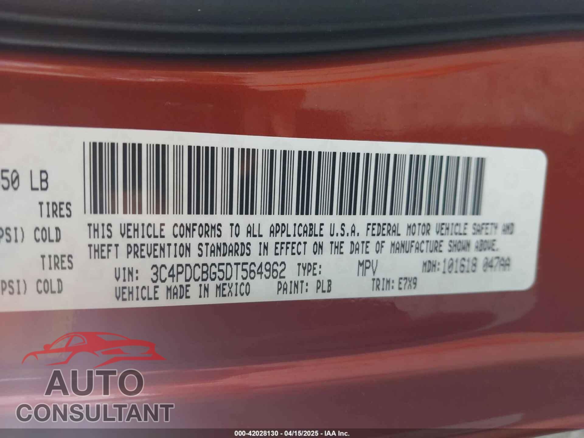 DODGE JOURNEY 2013 - 3C4PDCBG5DT564962