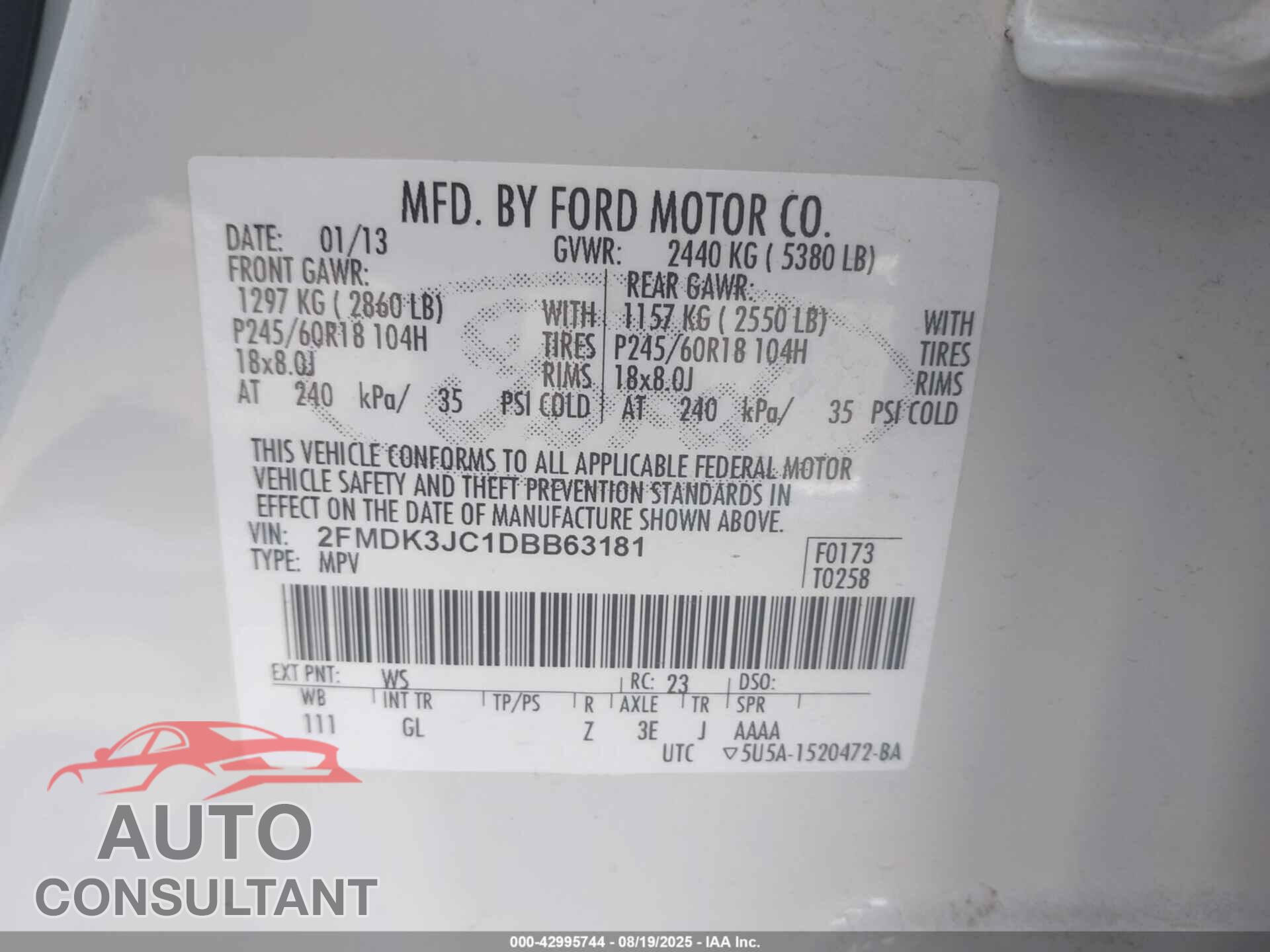 FORD EDGE 2013 - 2FMDK3JC1DBB63181