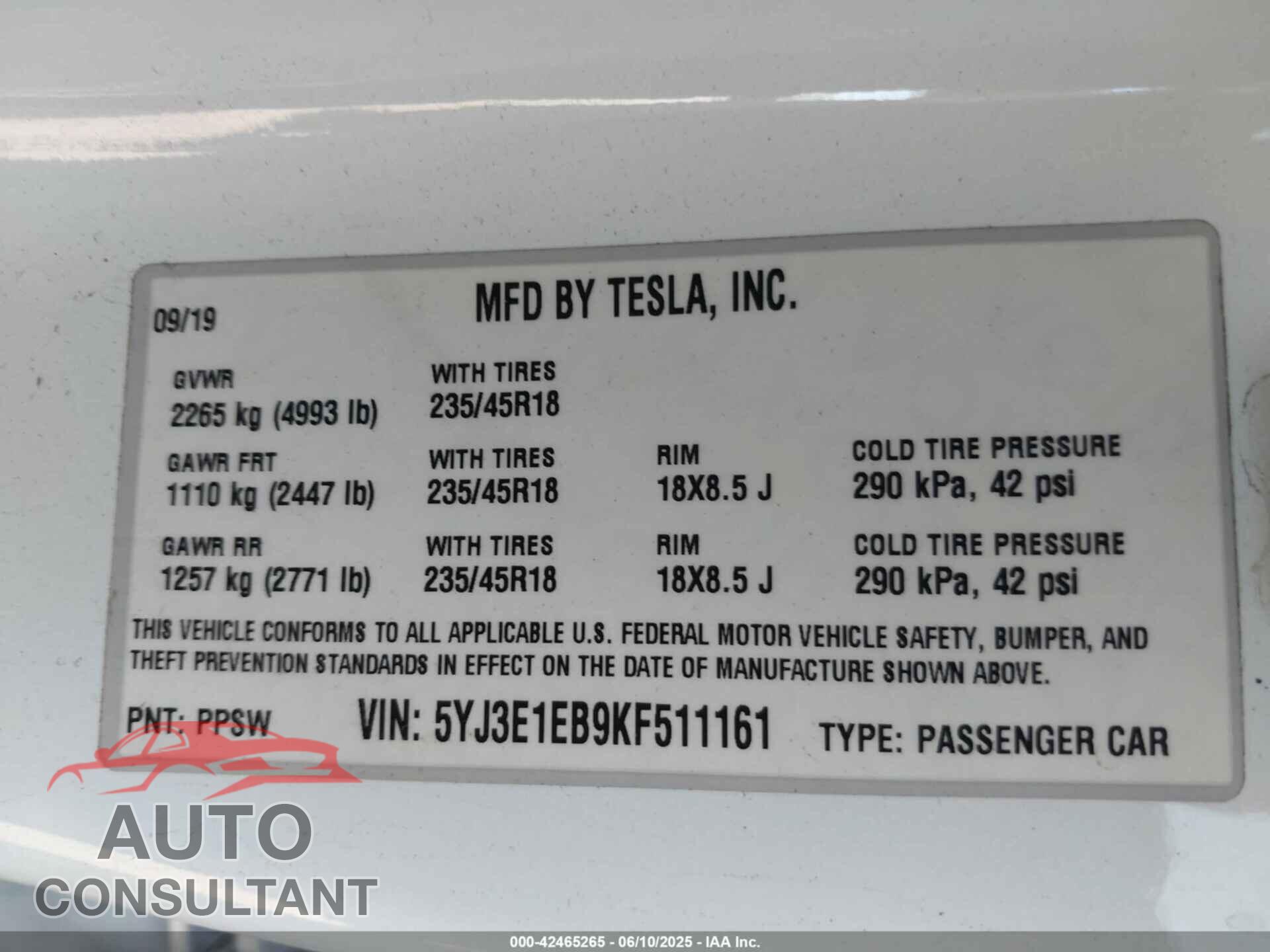 TESLA MODEL 3 2019 - 5YJ3E1EB9KF511161