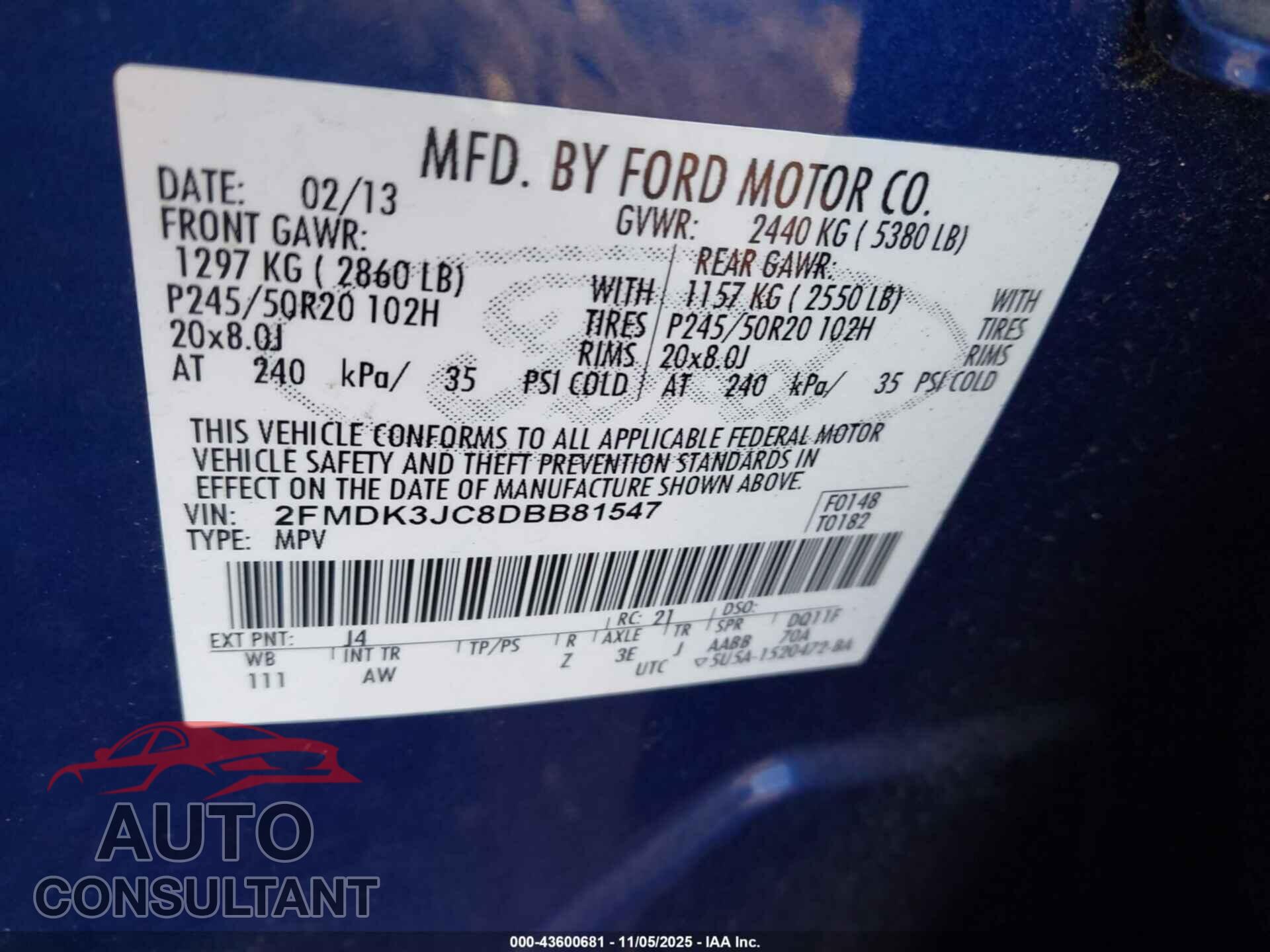 FORD EDGE 2013 - 2FMDK3JC8DBB81547