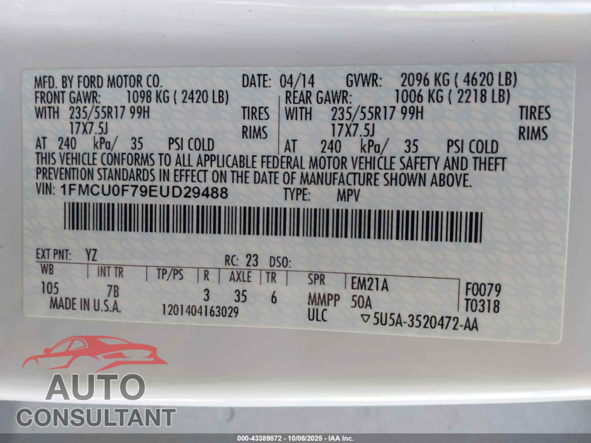 FORD ESCAPE 2014 - 1FMCU0F79EUD29488