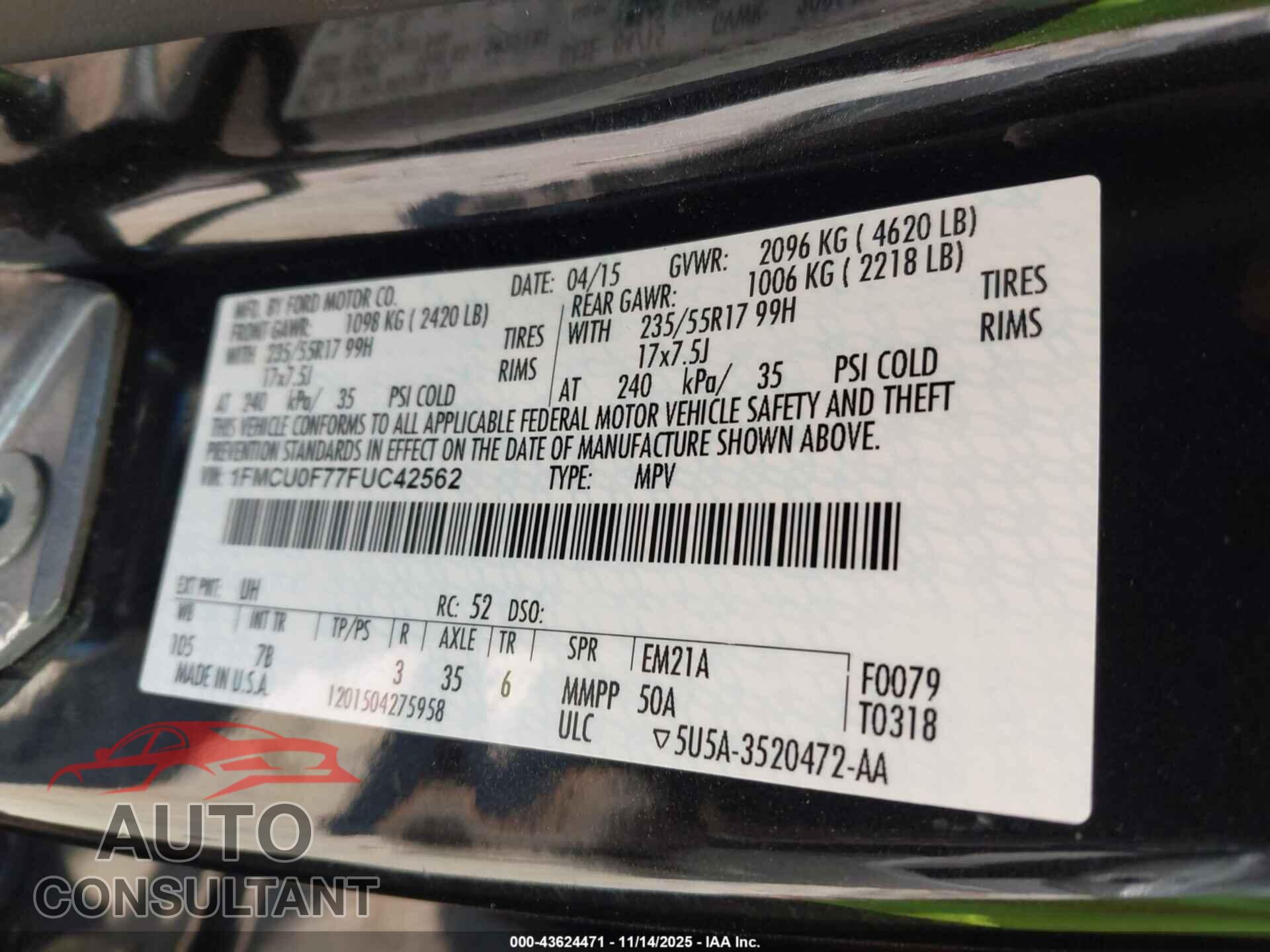 FORD ESCAPE 2015 - 1FMCU0F77FUC42562