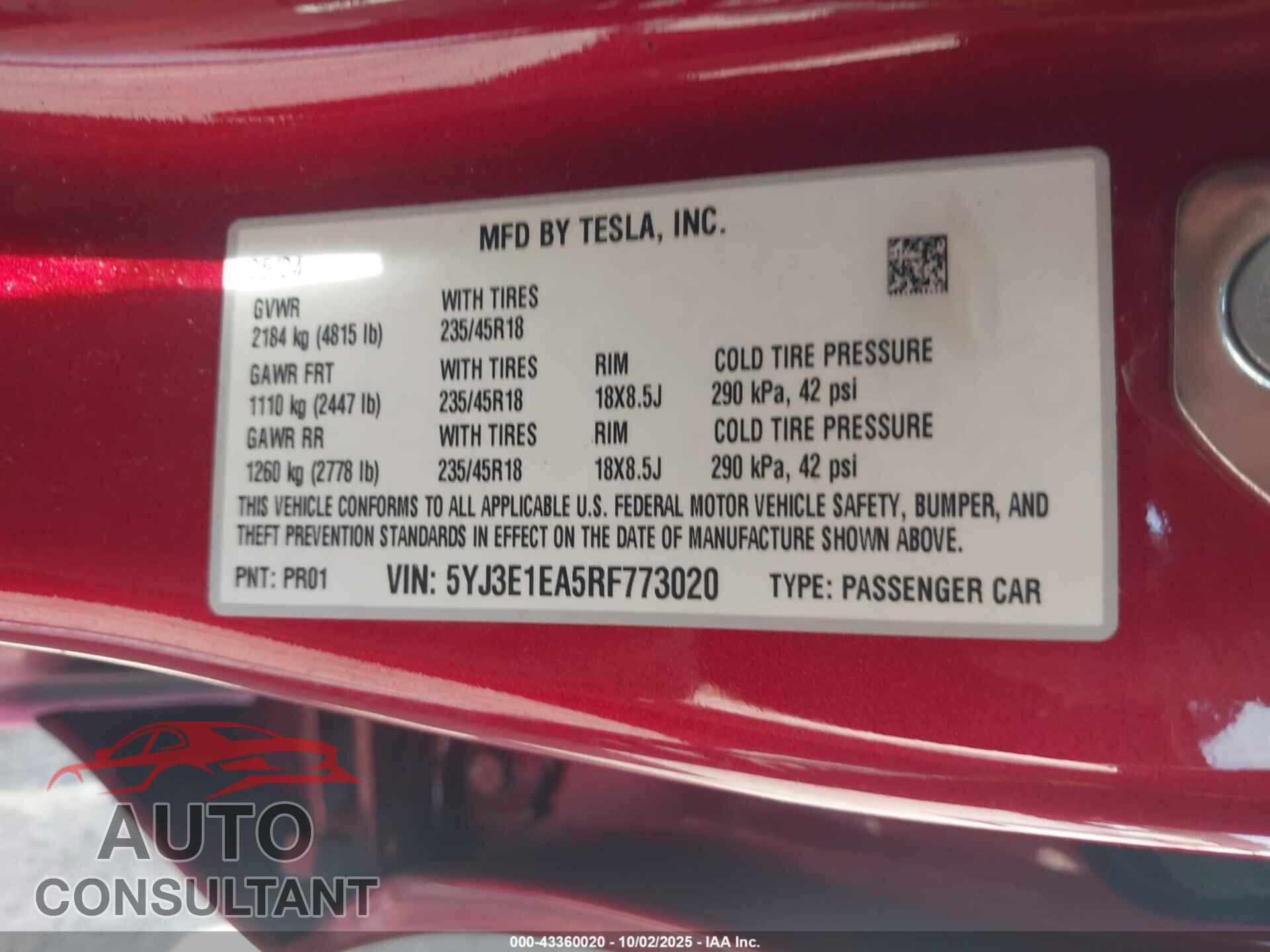 TESLA MODEL 3 2024 - 5YJ3E1EA5RF773020