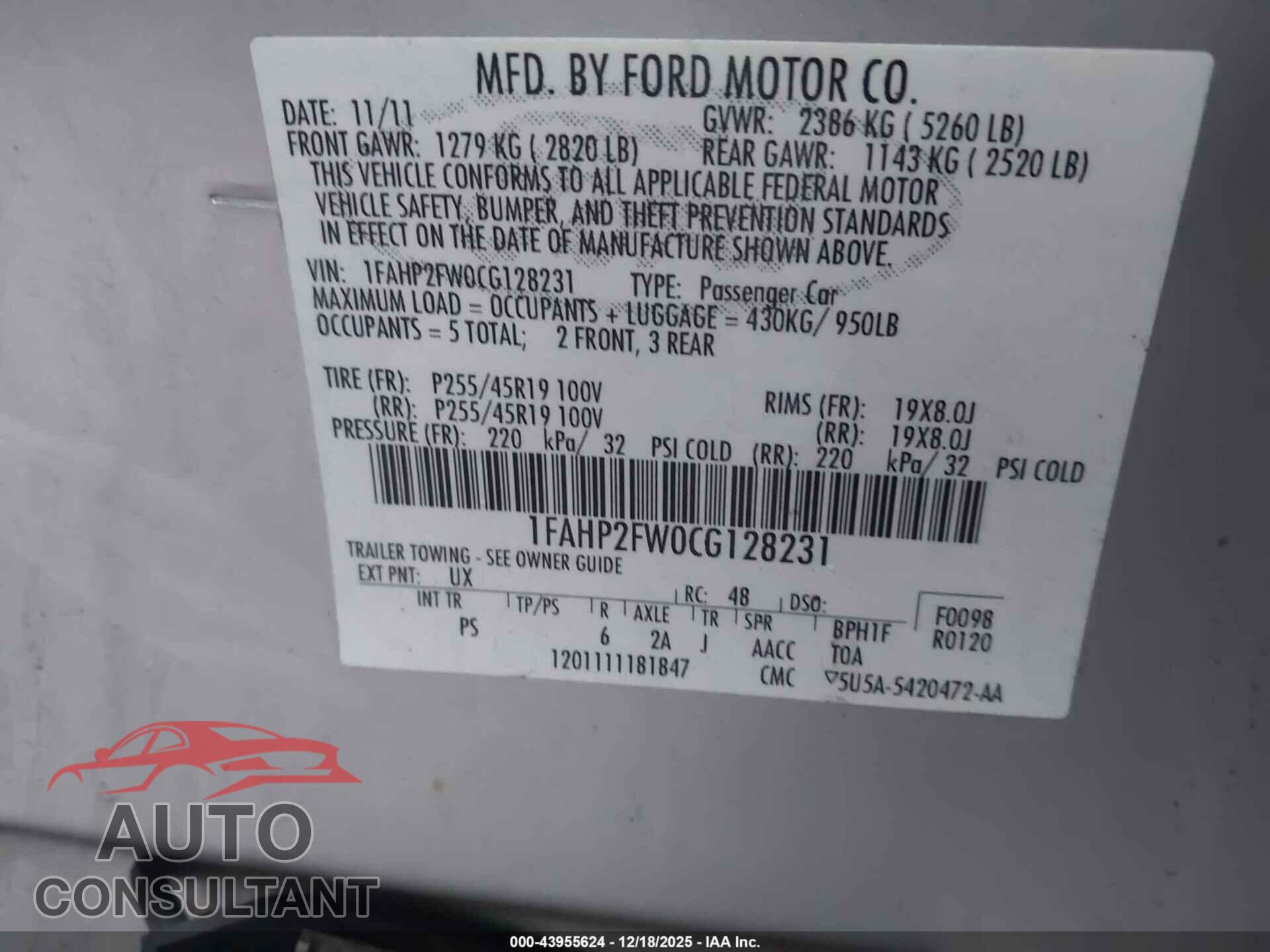 FORD TAURUS 2012 - 1FAHP2FW0CG128231