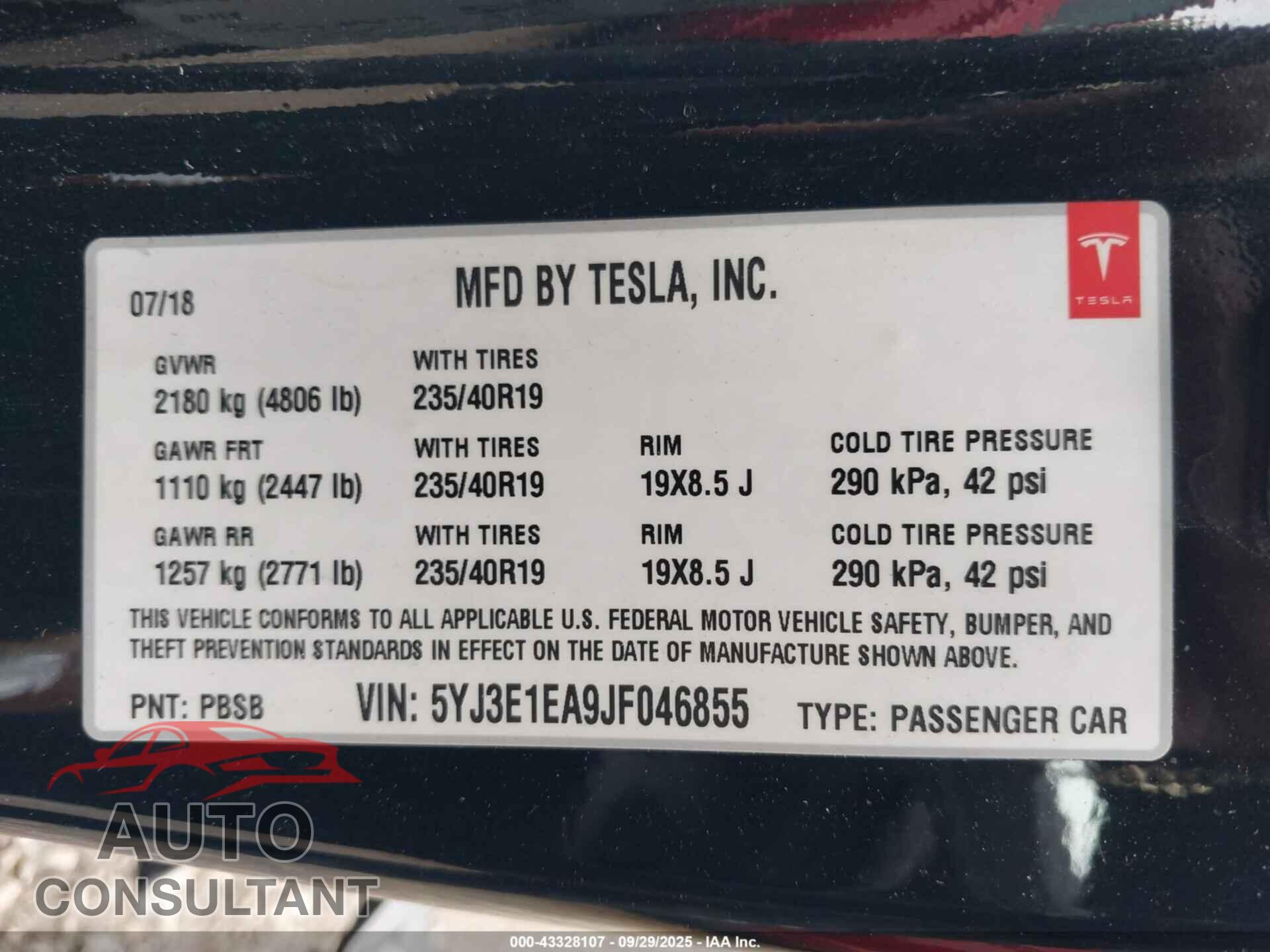 TESLA MODEL 3 2018 - 5YJ3E1EA9JF046855