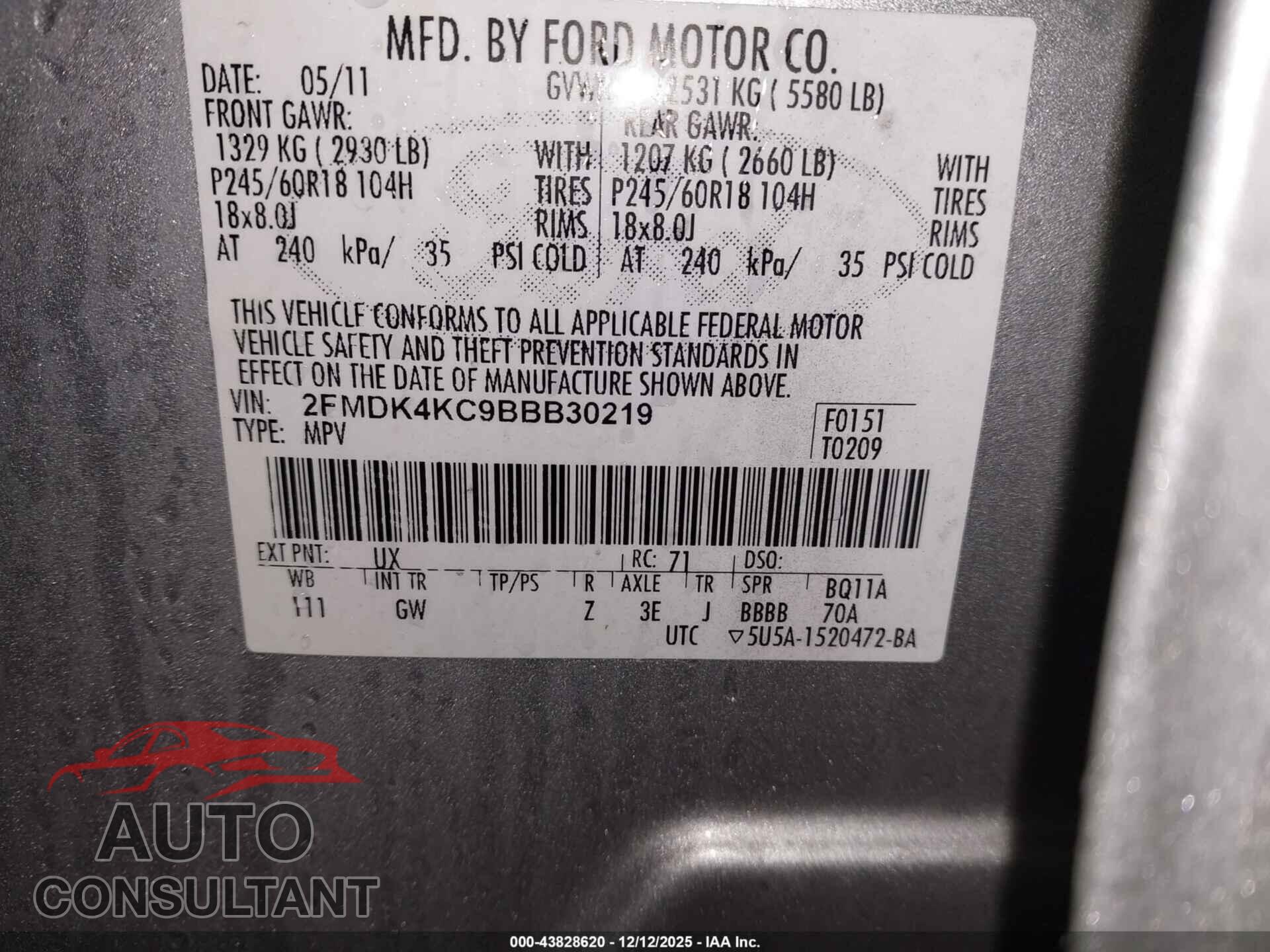 FORD EDGE 2011 - 2FMDK4KC9BBB30219