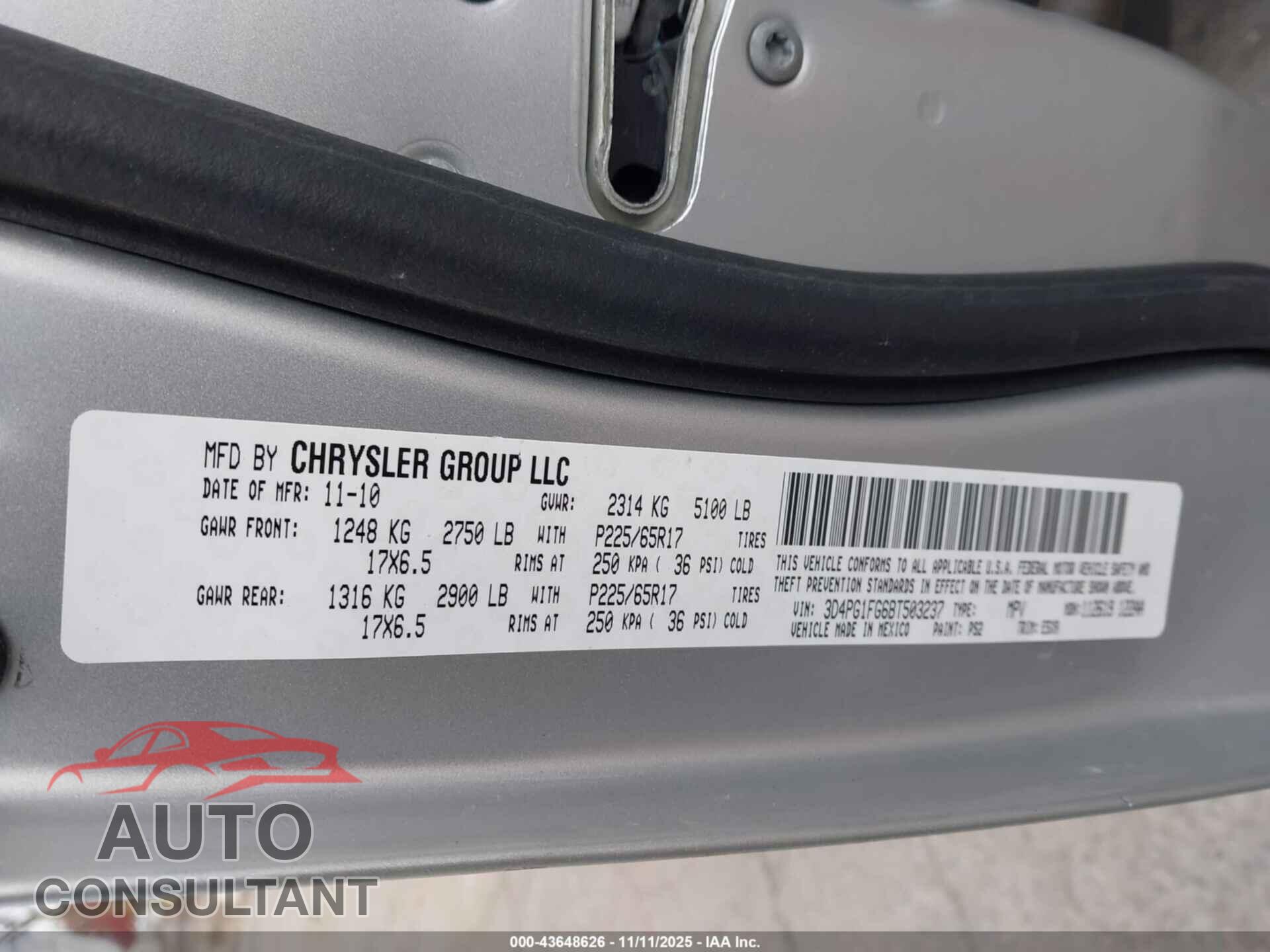 DODGE JOURNEY 2011 - 3D4PG1FG6BT503237
