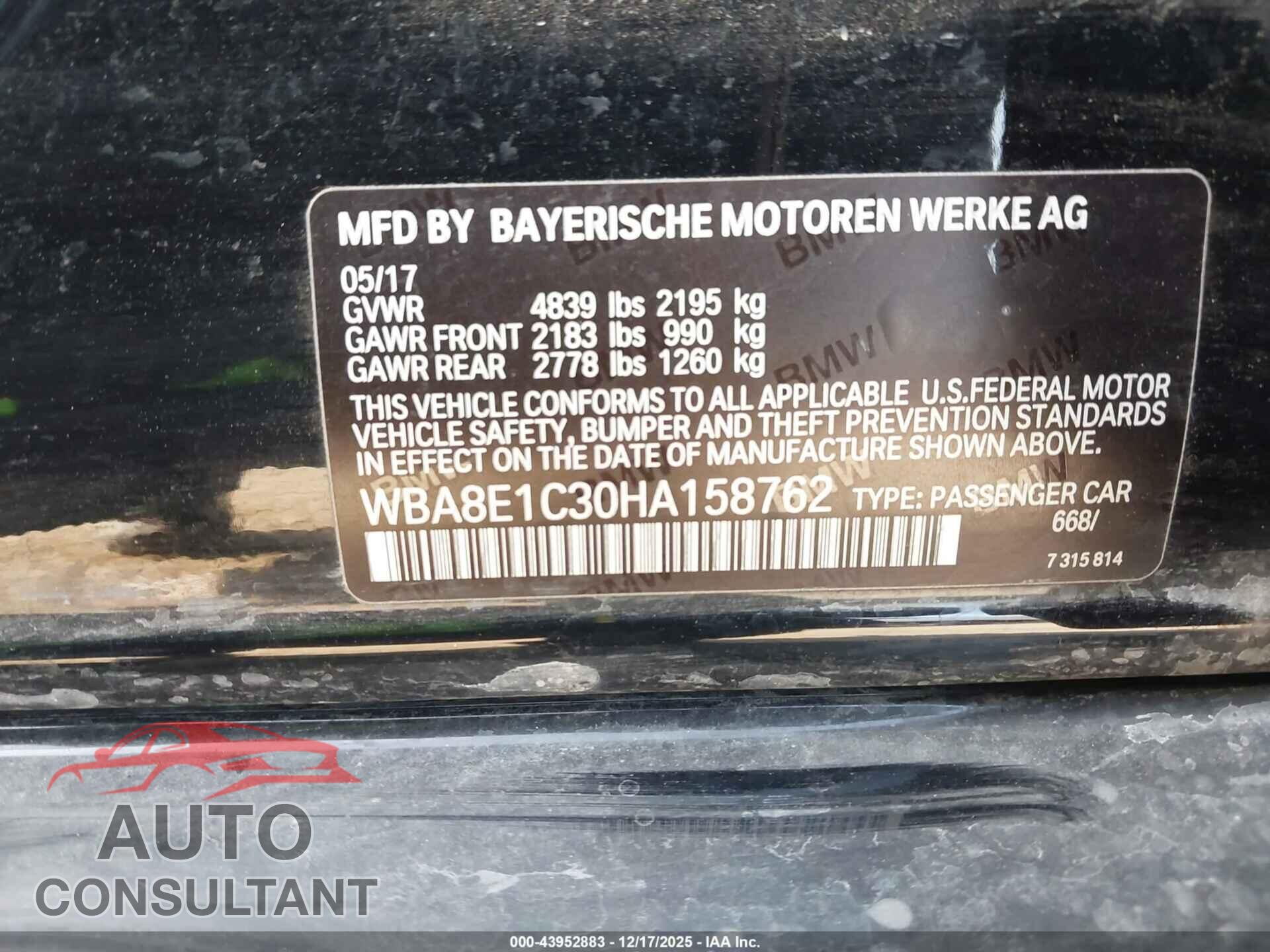 BMW 330E 2017 - WBA8E1C30HA158762