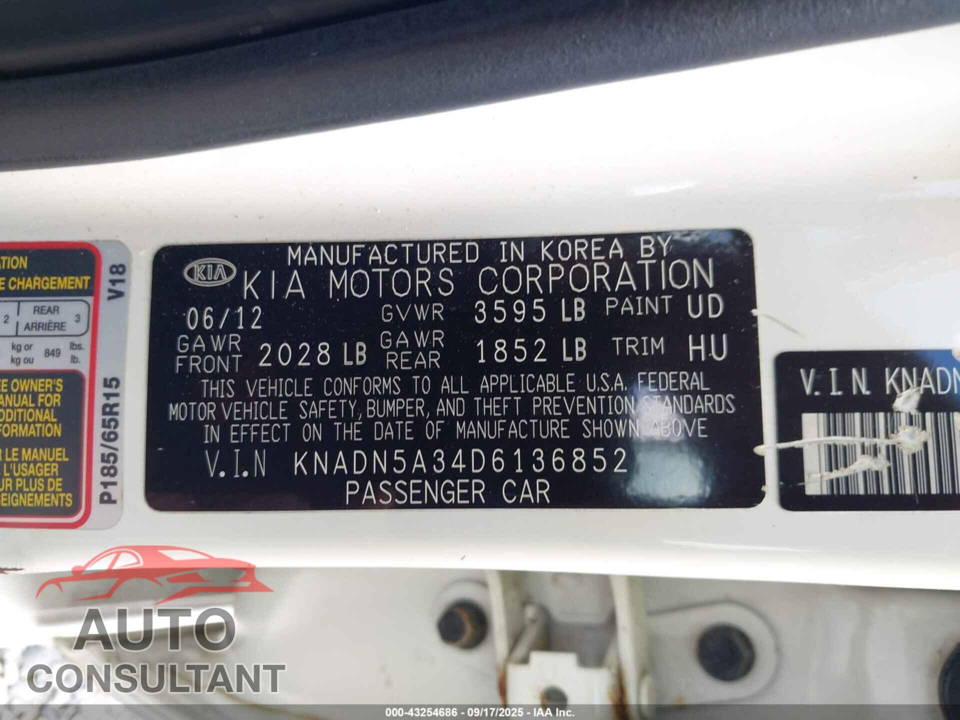KIA RIO 2013 - KNADN5A34D6136852