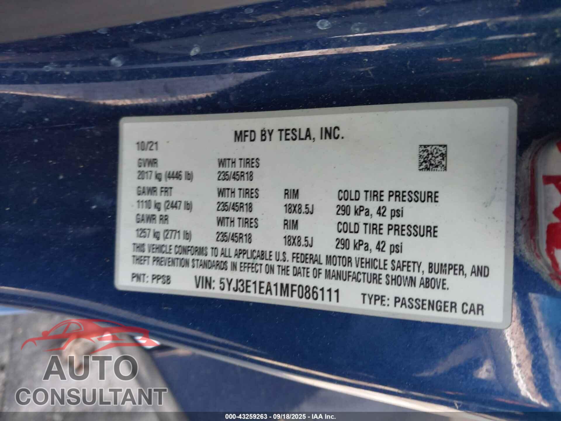 TESLA MODEL 3 2021 - 5YJ3E1EA1MF086111