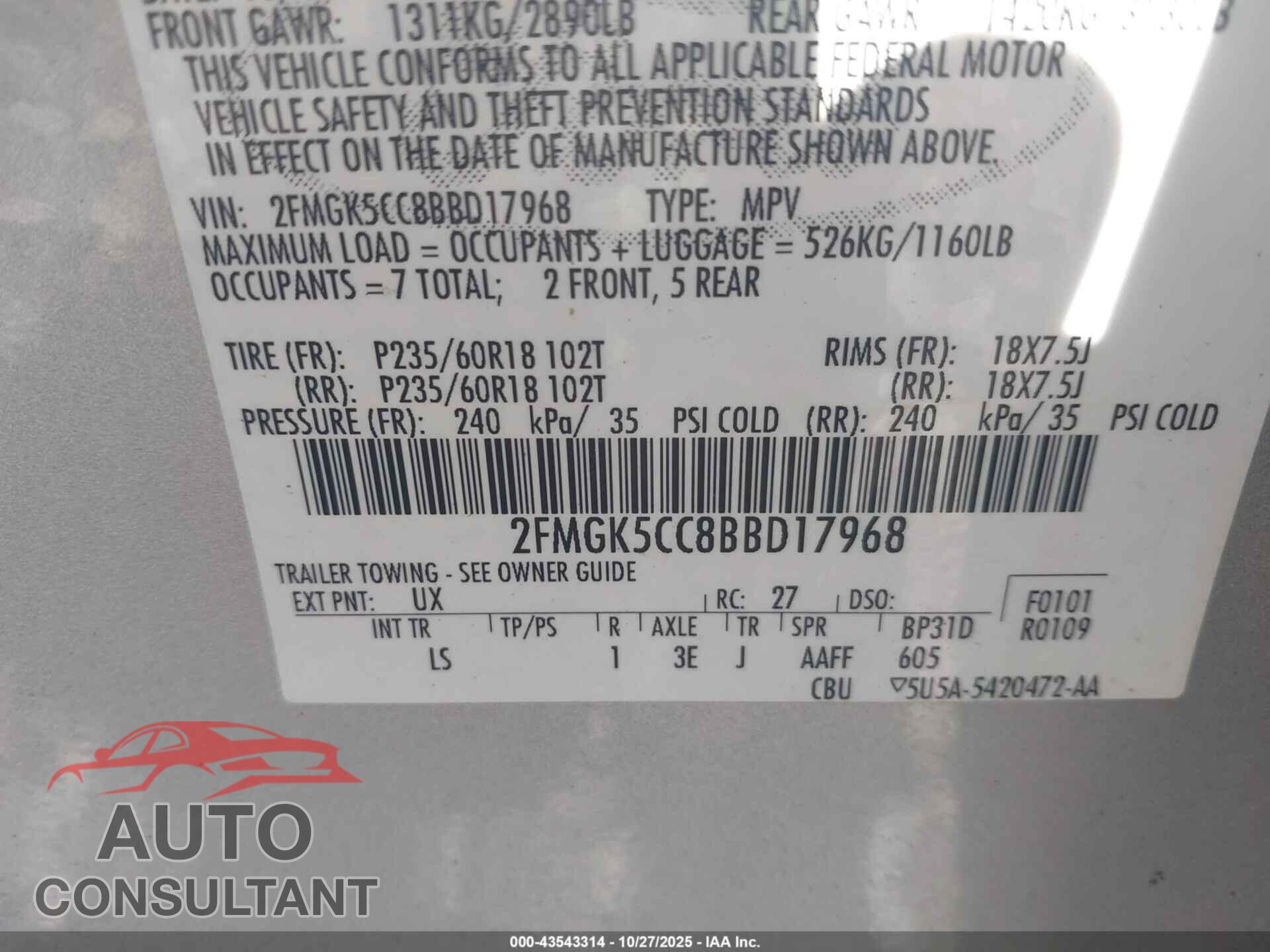FORD FLEX 2011 - 2FMGK5CC8BBD17968