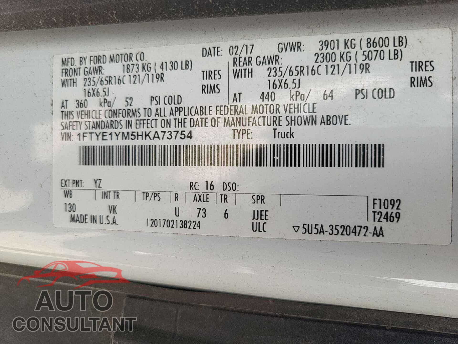 FORD TRANSIT-150 2017 - 1FTYE1YM5HKA73754