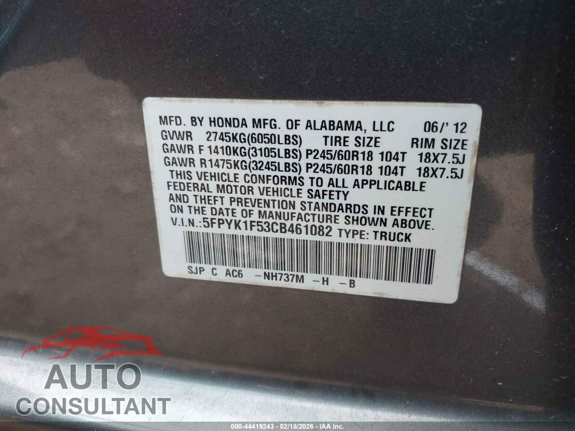 HONDA RIDGELINE 2012 - 5FPYK1F53CB461082