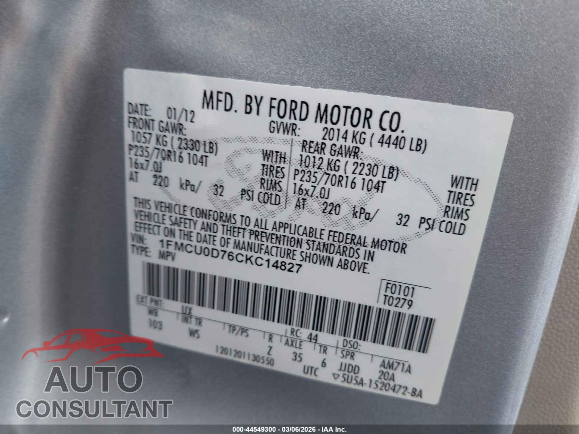FORD ESCAPE 2012 - 1FMCU0D76CKC14827