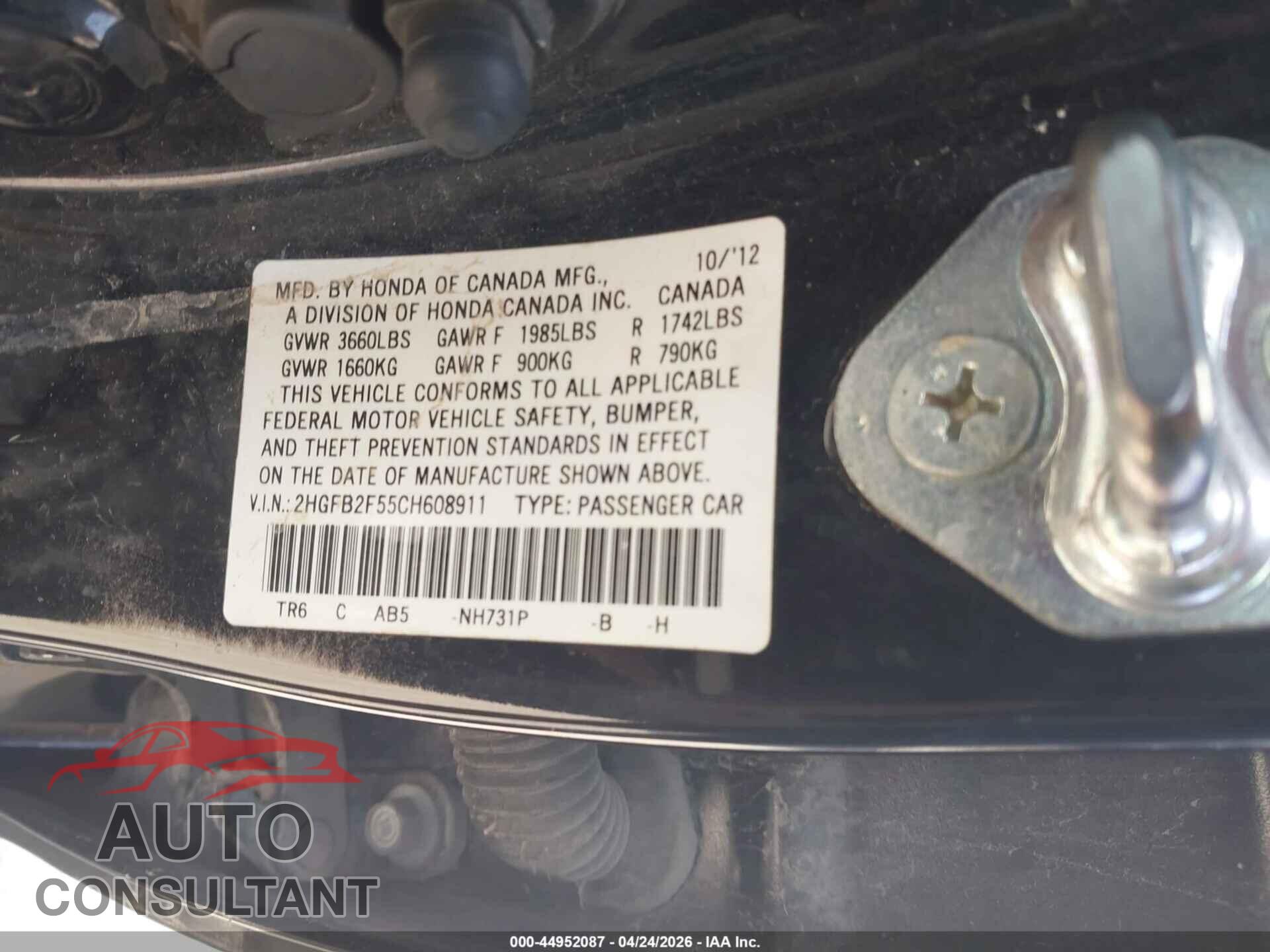 HONDA CIVIC 2012 - 2HGFB2F55CH608911