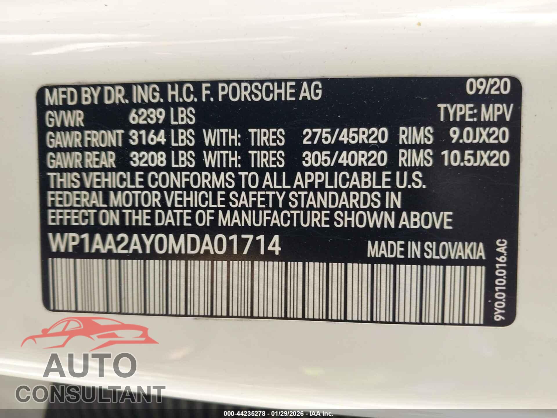 PORSCHE CAYENNE 2021 - WP1AA2AY0MDA01714