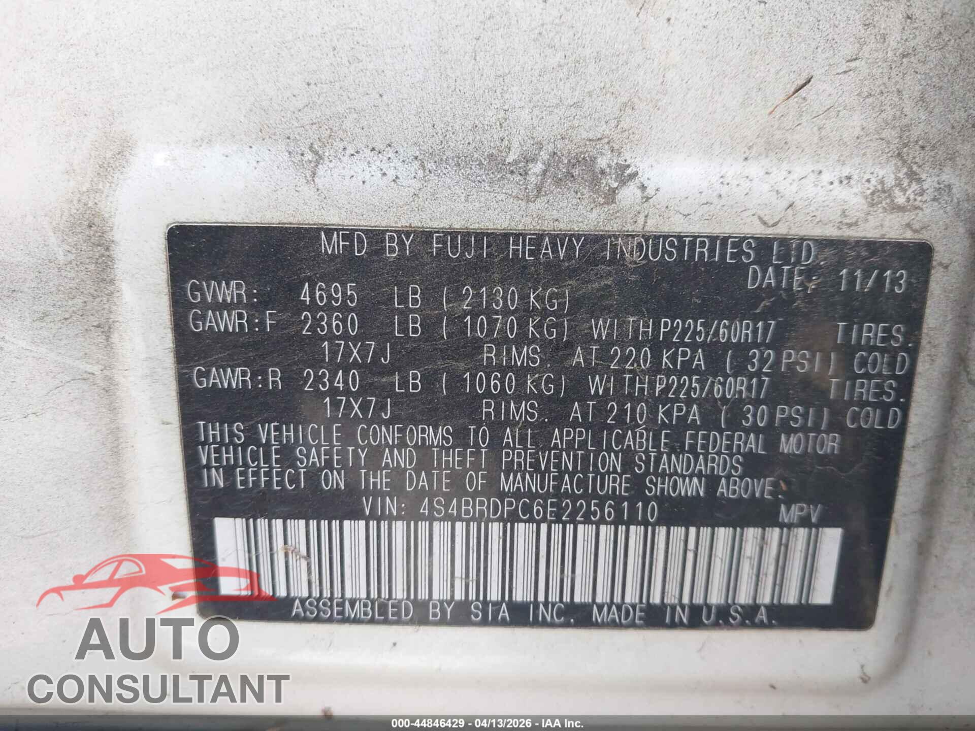 SUBARU OUTBACK 2014 - 4S4BRDPC6E2256110