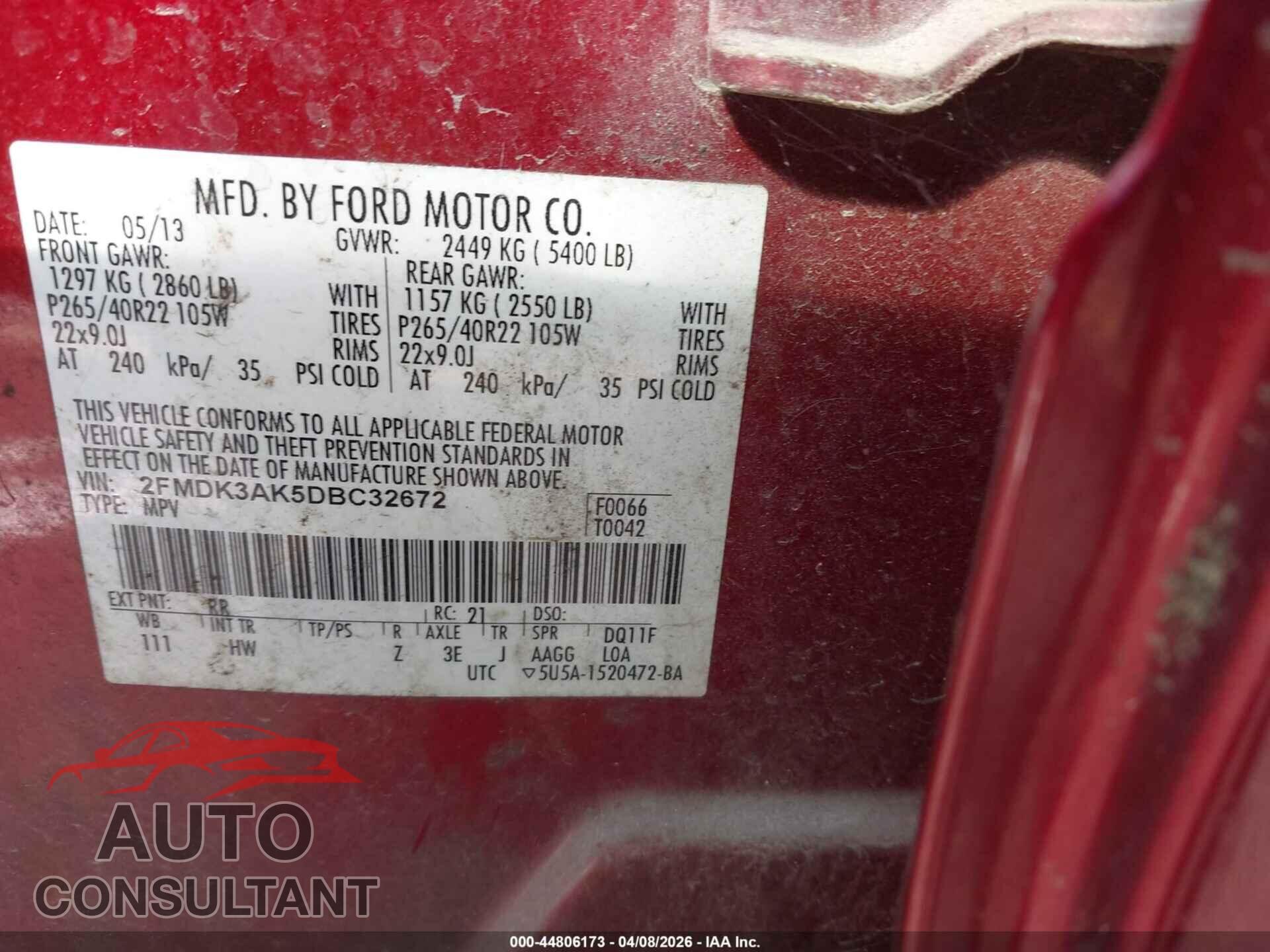 FORD EDGE 2013 - 2FMDK3AK5DBC32672