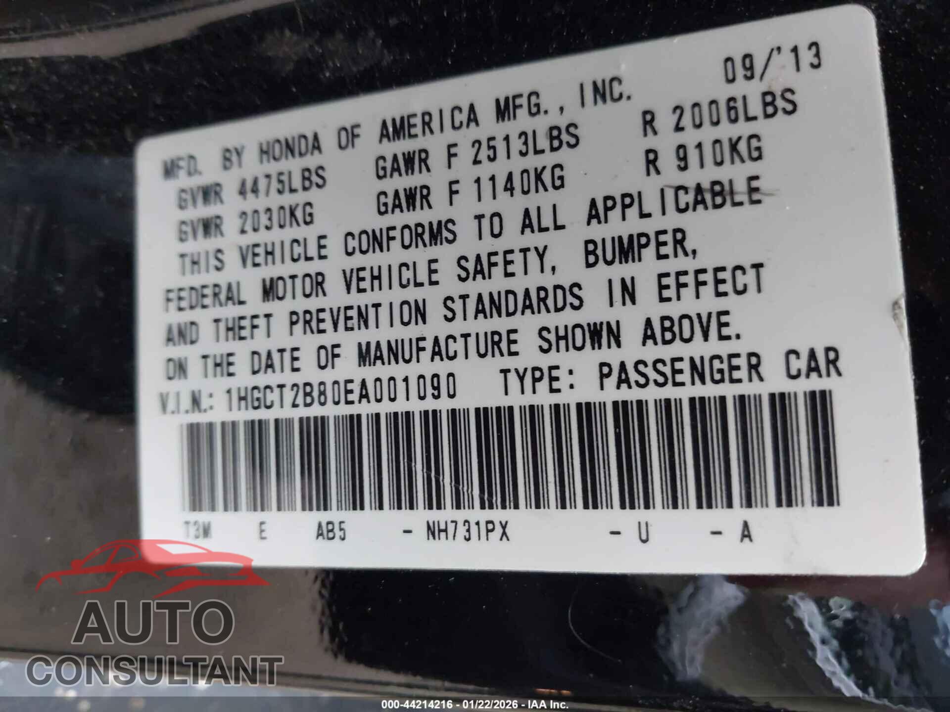 HONDA ACCORD 2014 - 1HGCT2B80EA001090