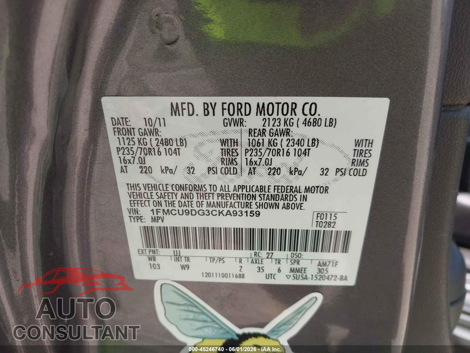FORD ESCAPE 2012 - 1FMCU9DG3CKA93159