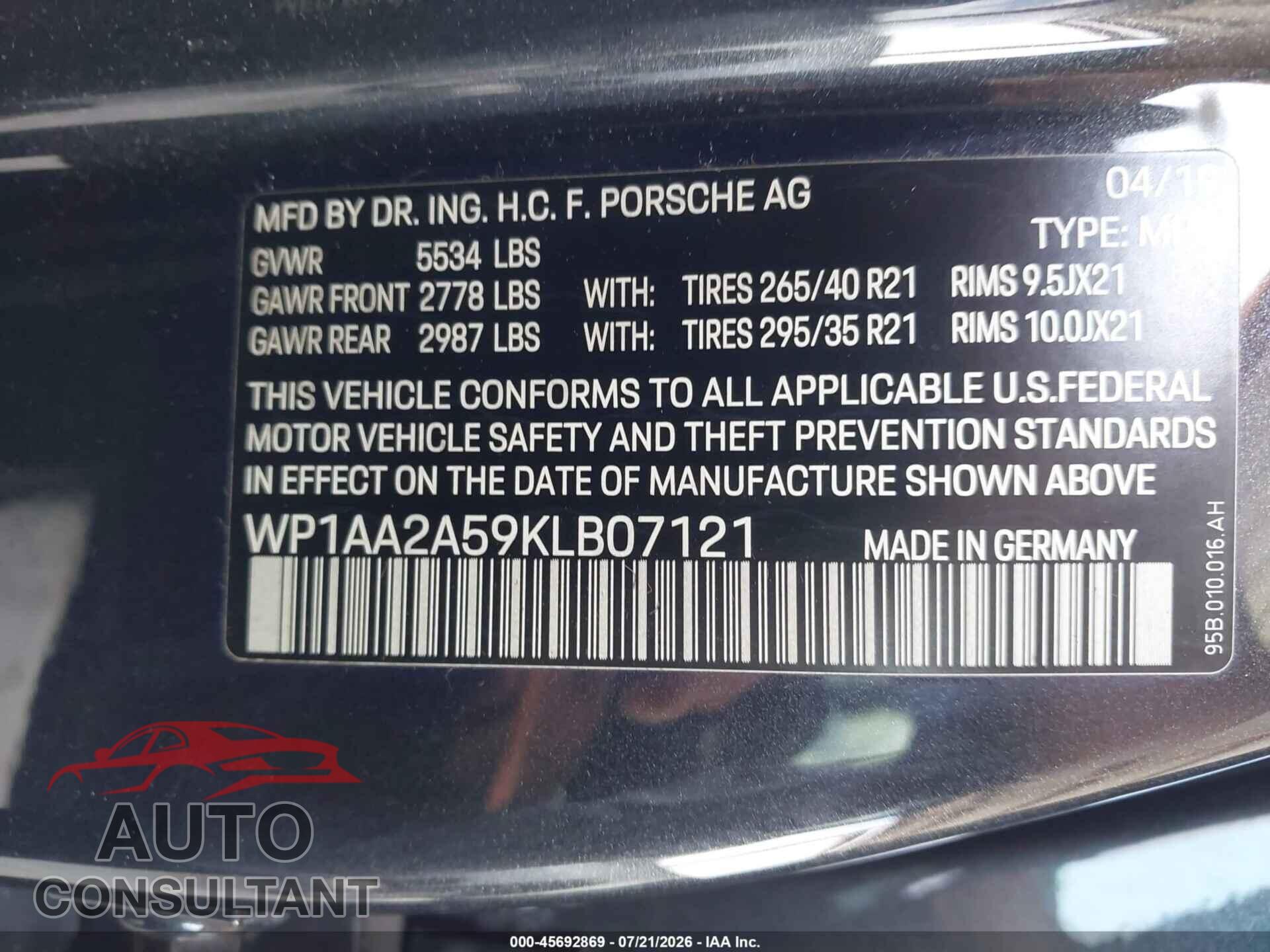 PORSCHE MACAN 2019 - WP1AA2A59KLB07121