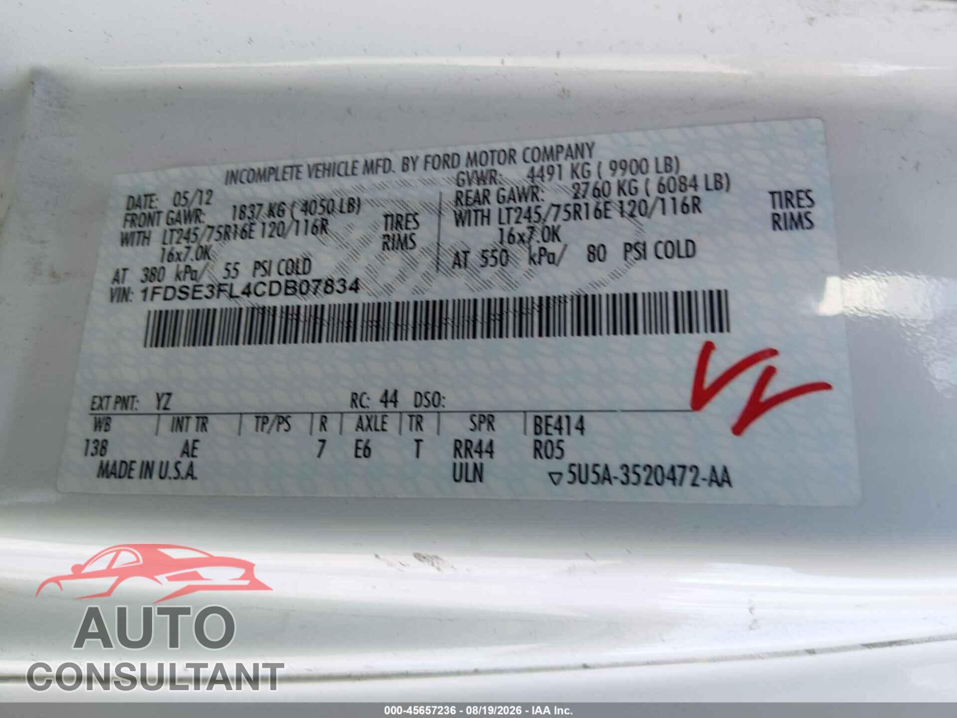 FORD E-350 CUTAWAY 2012 - 1FDSE3FL4CDB07834