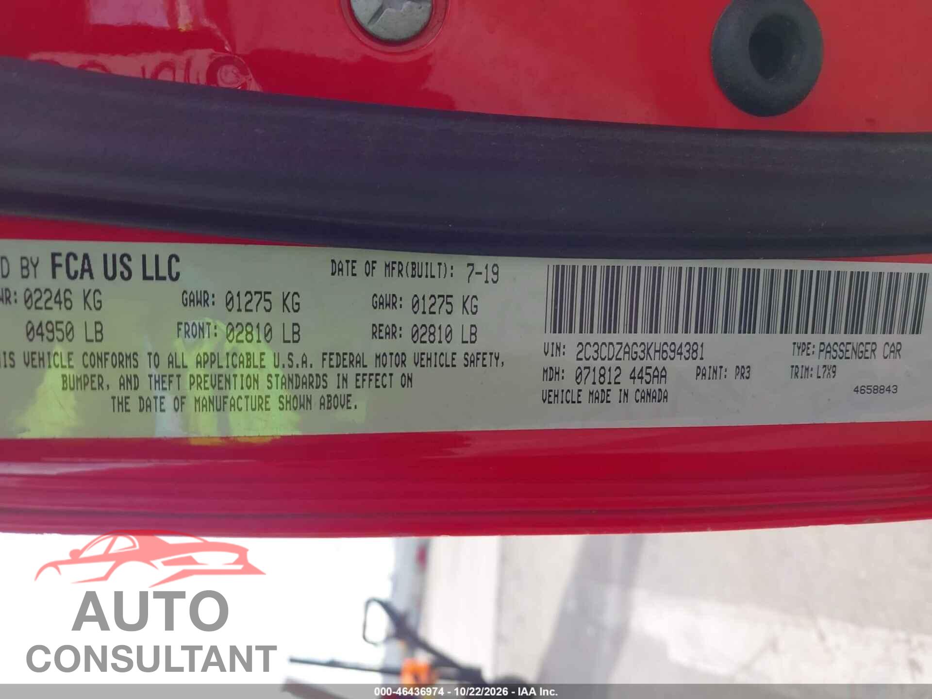 DODGE CHALLENGER 2019 - 2C3CDZAG3KH694381