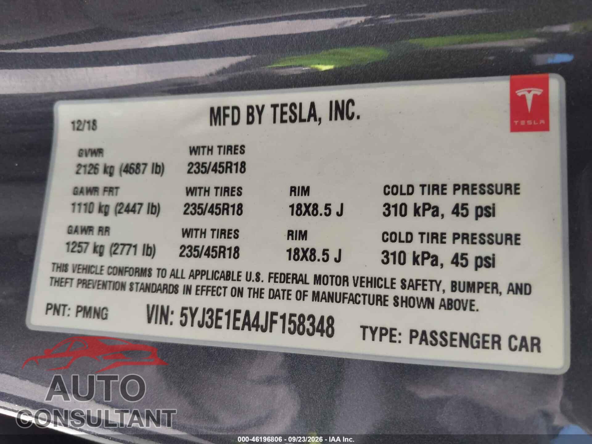 TESLA MODELO 3 2018 - 5YJ3E1EA4JF158348