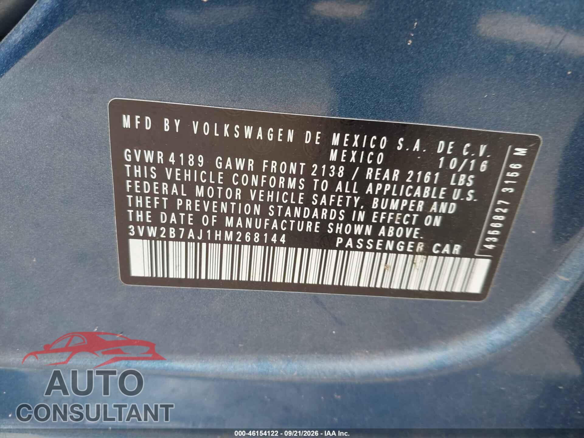 VOLKSWAGEN JETTA 2017 - 3VW2B7AJ1HM268144